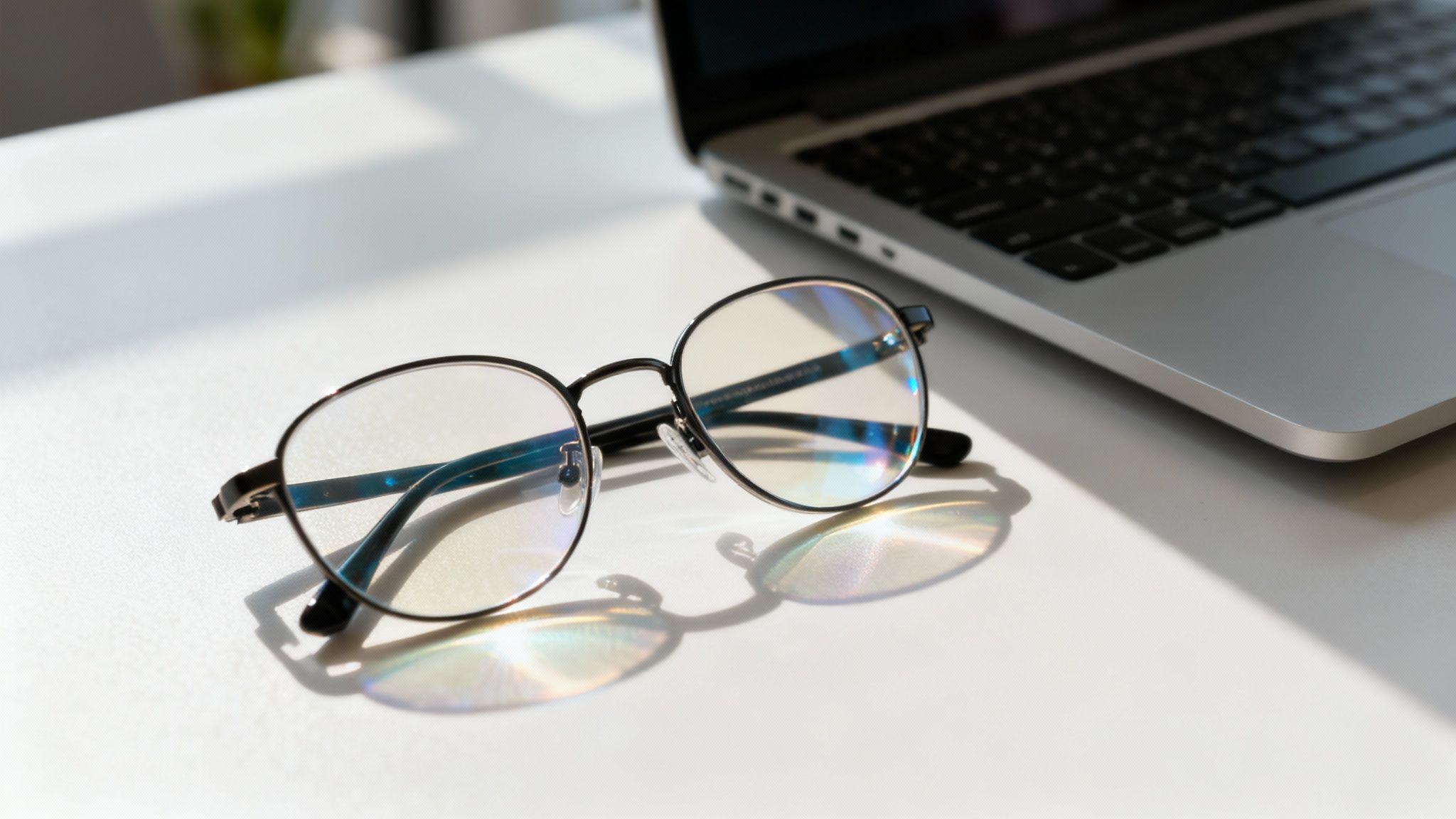 A pair of stylish designer eyeglasses with anti-reflective lenses resting on an open laptop.