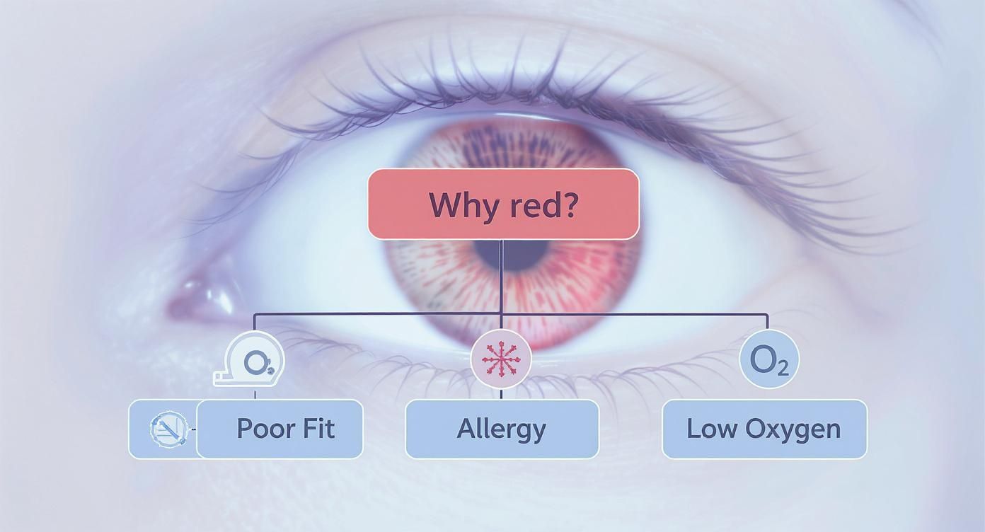 A close-up of a red human eye with a diagram explaining common causes like poor fit, allergy, and low oxygen.