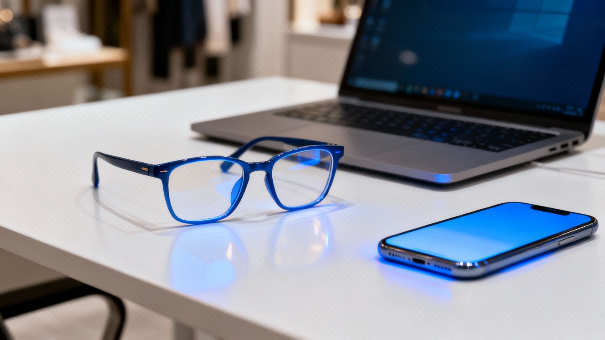 Blue light blocking glasses, a laptop, and a smartphone resting on a bright white desk.