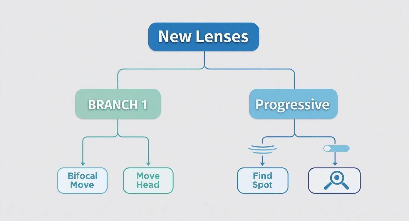 A flowchart titled 'New Lenses' showing two main branches: 'BRANCH 1' with 'Bifocal Move' and 'Move Head', and 'Progressive' with 'Find Spot' and a search icon.