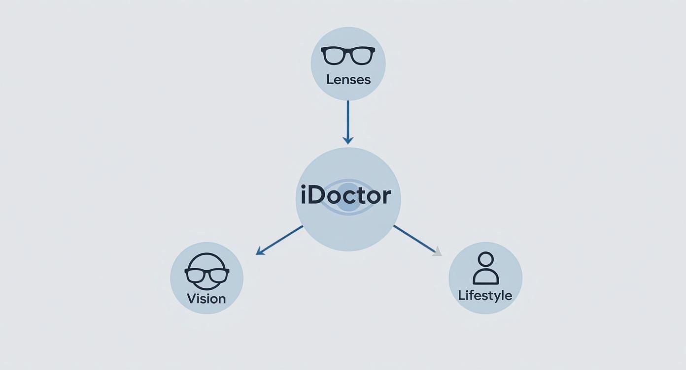 A conceptual diagram showing iDoctor at the center, linked to Lenses, Vision, and Lifestyle.
