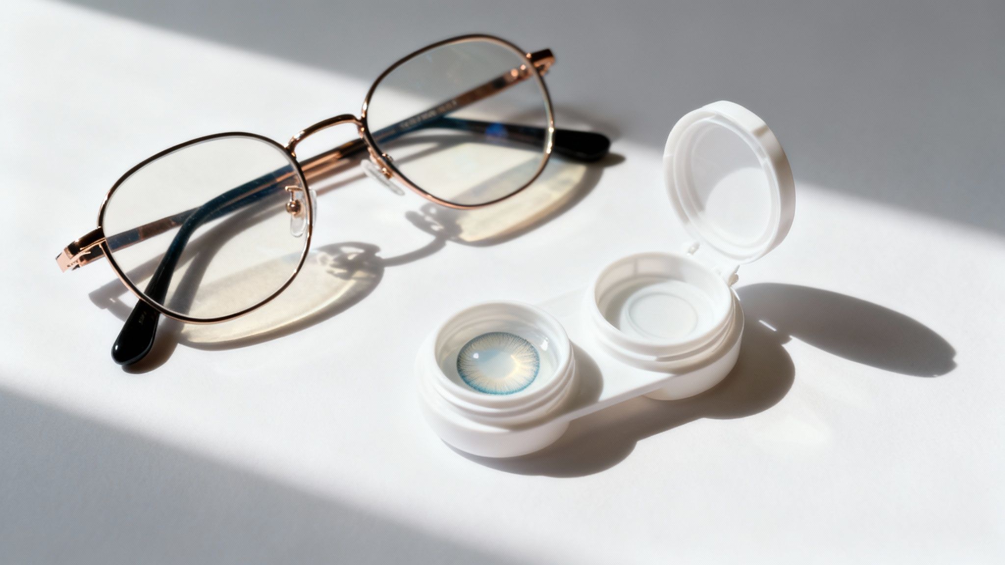 A stylish display of designer eyeglasses from brands like Cartier and Gucci, alongside modern toric contact lens packaging.