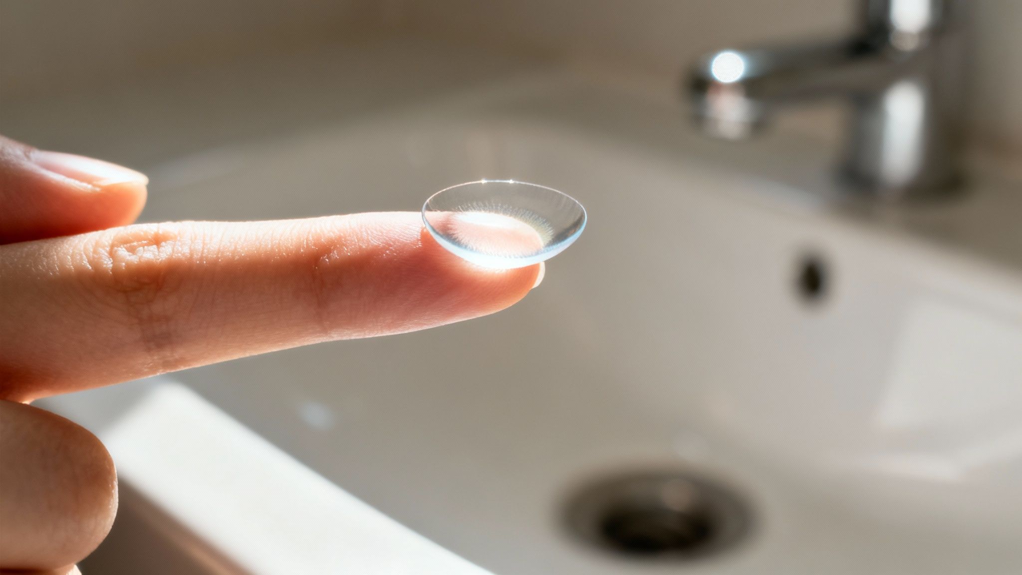 A person looking in the mirror, examining their eye with a contact lens in it.