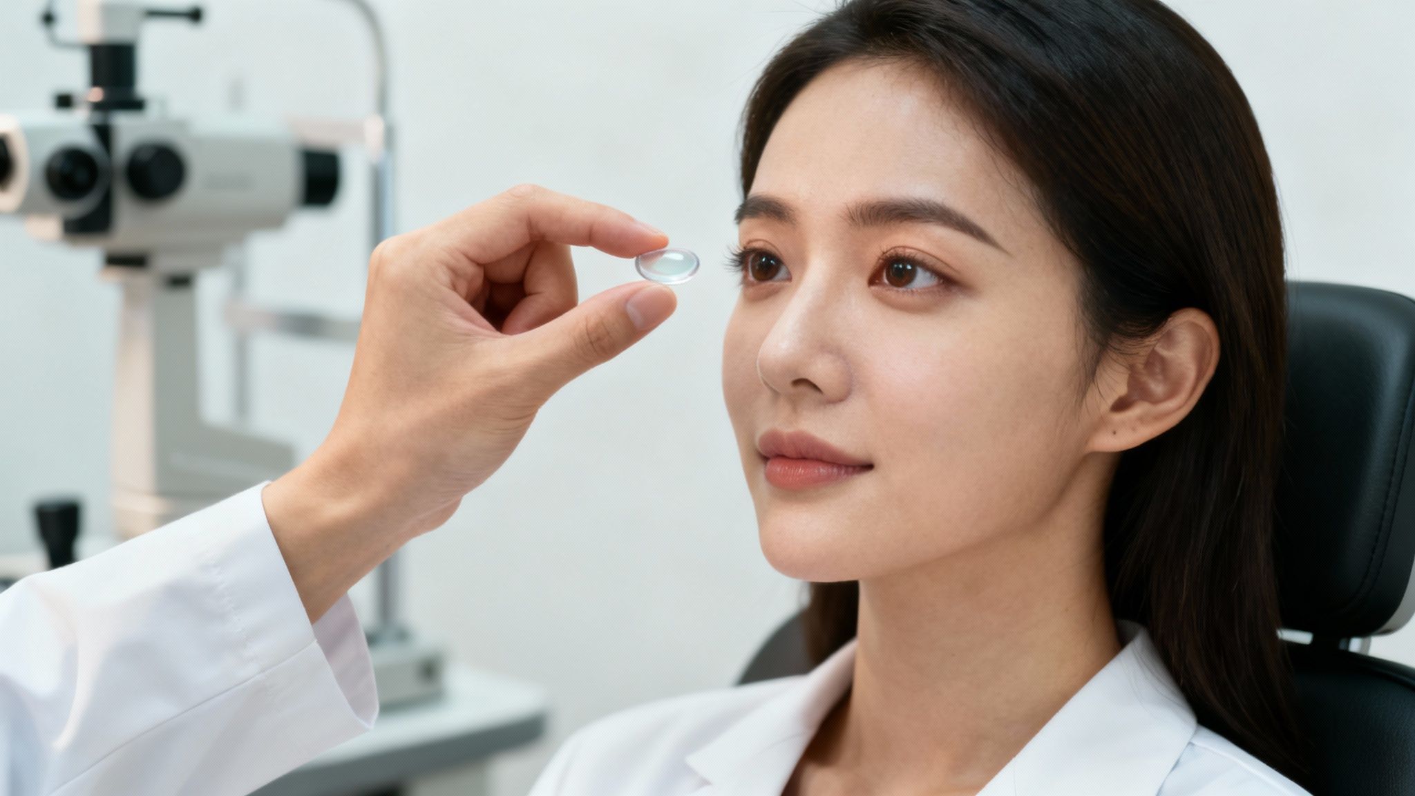 An optometrist at iDoctor in Glendale Heights carefully performs a contact lens fitting for a patient.