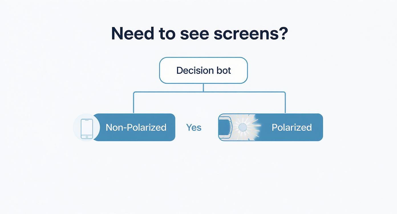 Infographic decision tree asking 'Need to see screens?'. If yes, it points to Non-Polarized lenses. If no, it points to Polarized lenses.