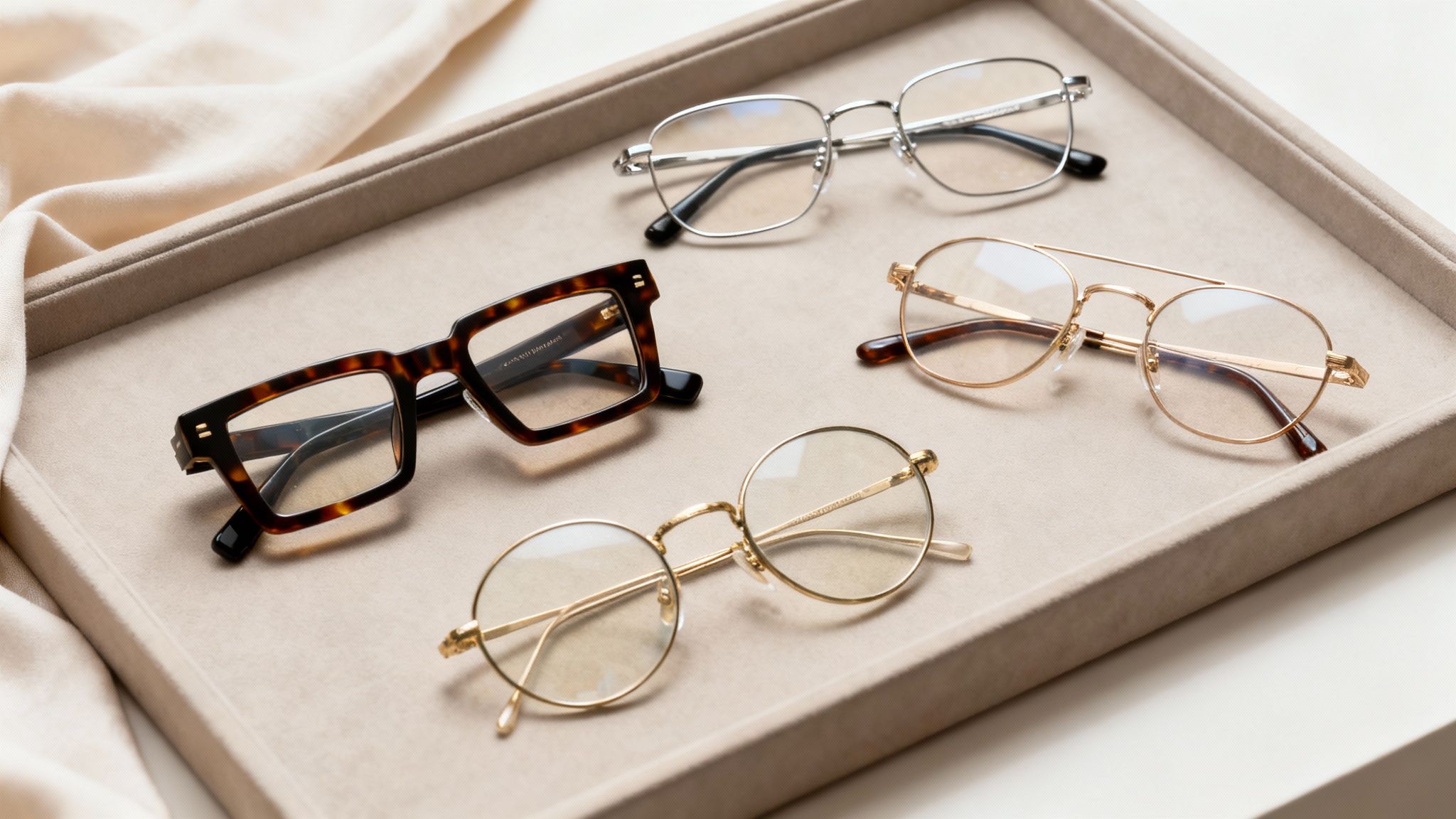 Four stylish prescription glasses frames, including tortoise shell, gold, and silver metal designs, displayed on a beige tray.