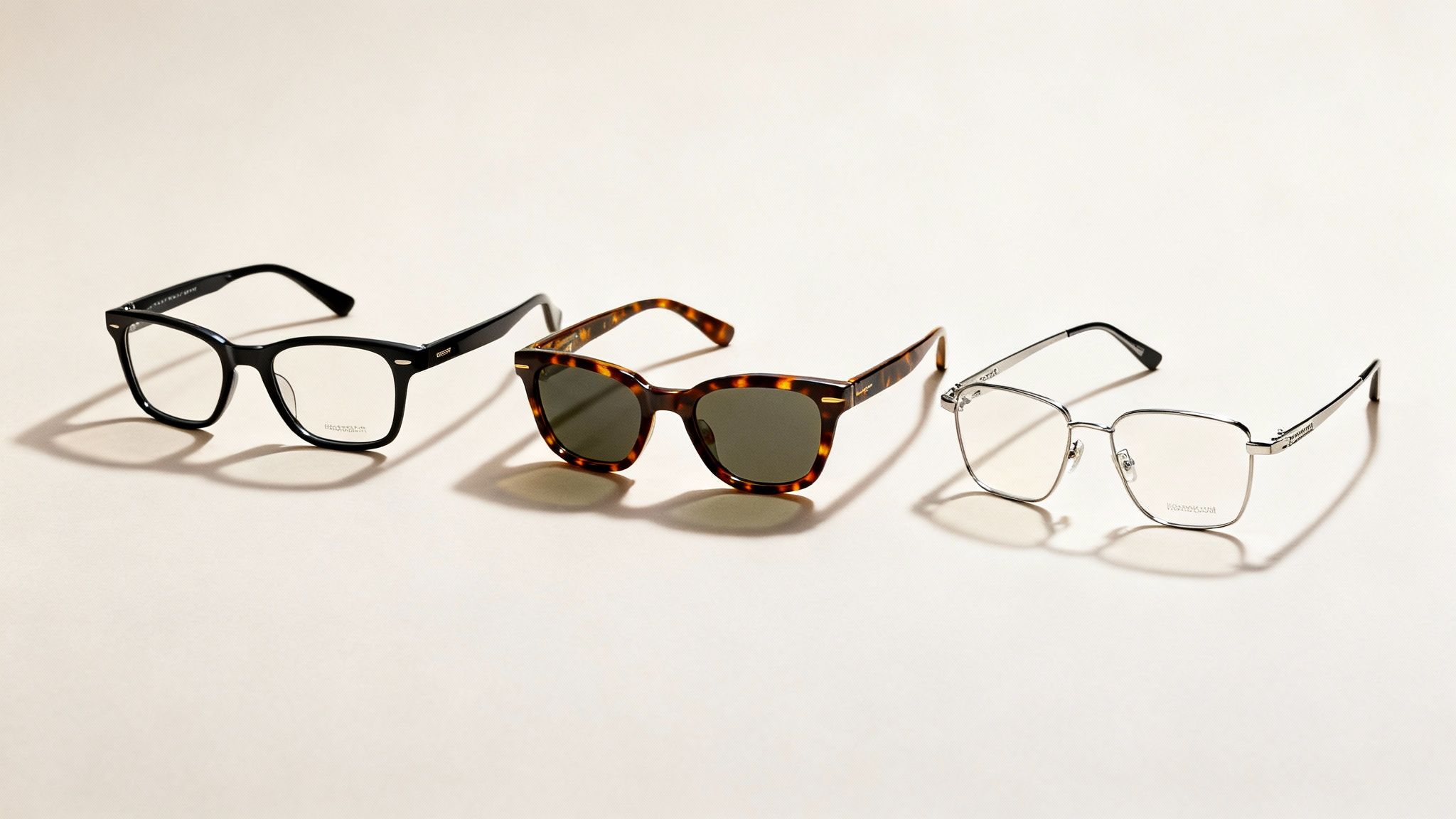 Three pairs of stylish eyeglasses and sunglasses, featuring black, tortoiseshell, and silver frames.