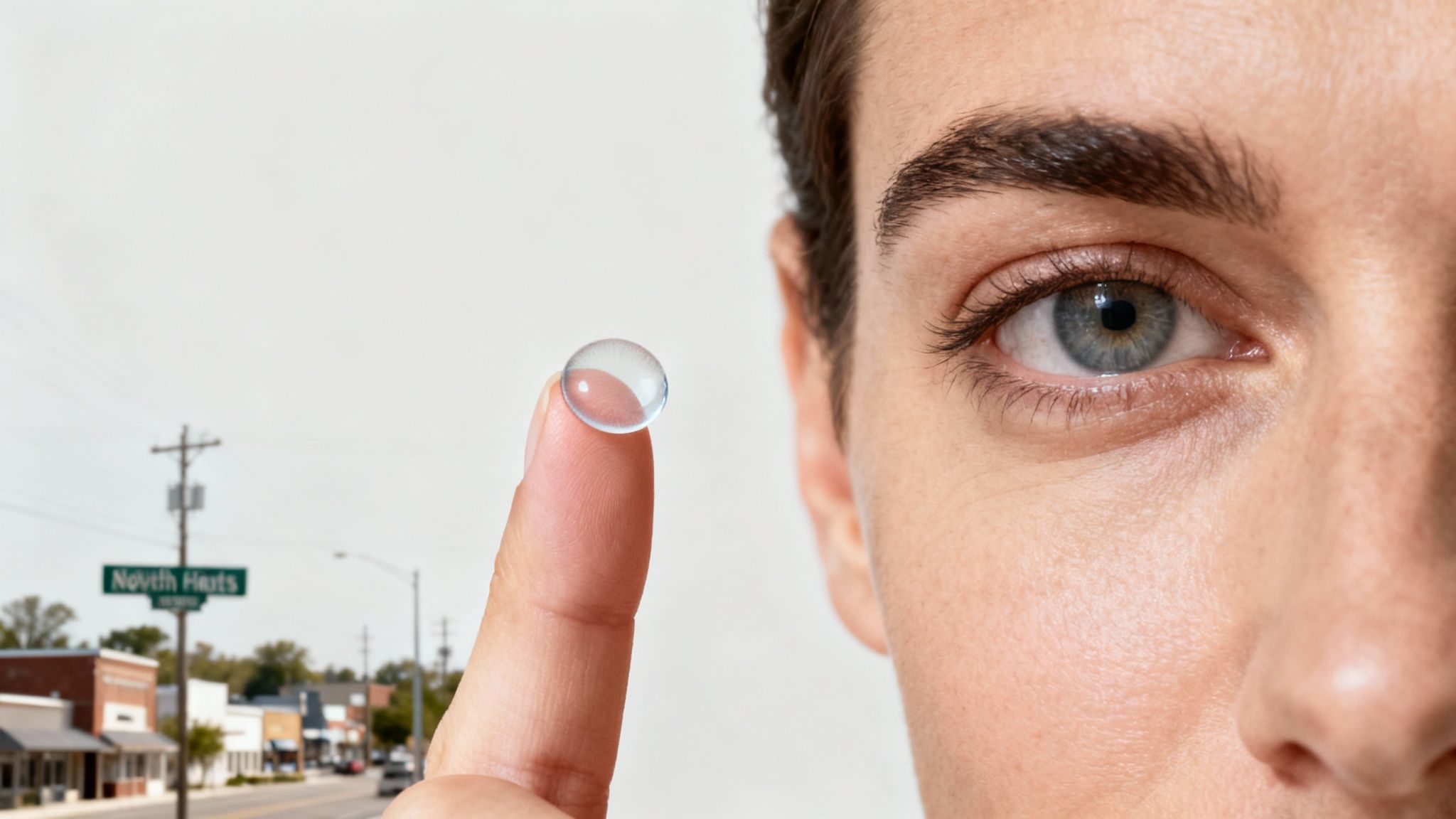 A person looking closely at a contact lens on their fingertip, ready to insert it.