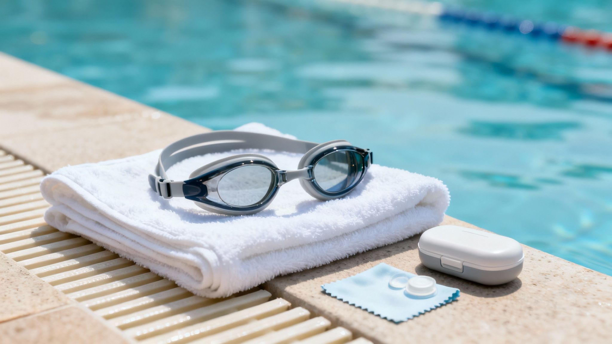 Swimming goggles, a soft white towel, and contact lens case neatly placed by a bright blue swimming pool.