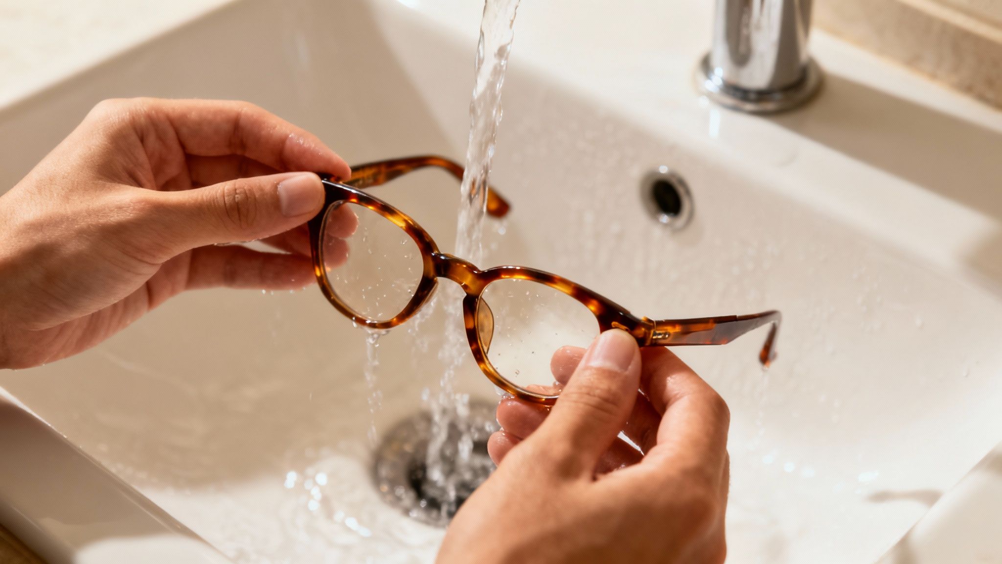 A person's hands gently warming a pair of dark plastic eyeglass frames with a hairdryer on a low setting.