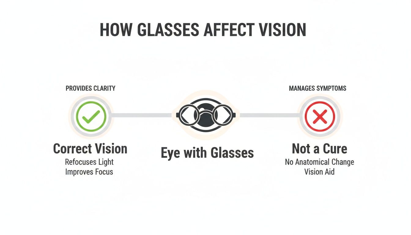 Infographic illustrating how glasses provide clear vision by refocusing light, acting as a vision aid, not a cure.