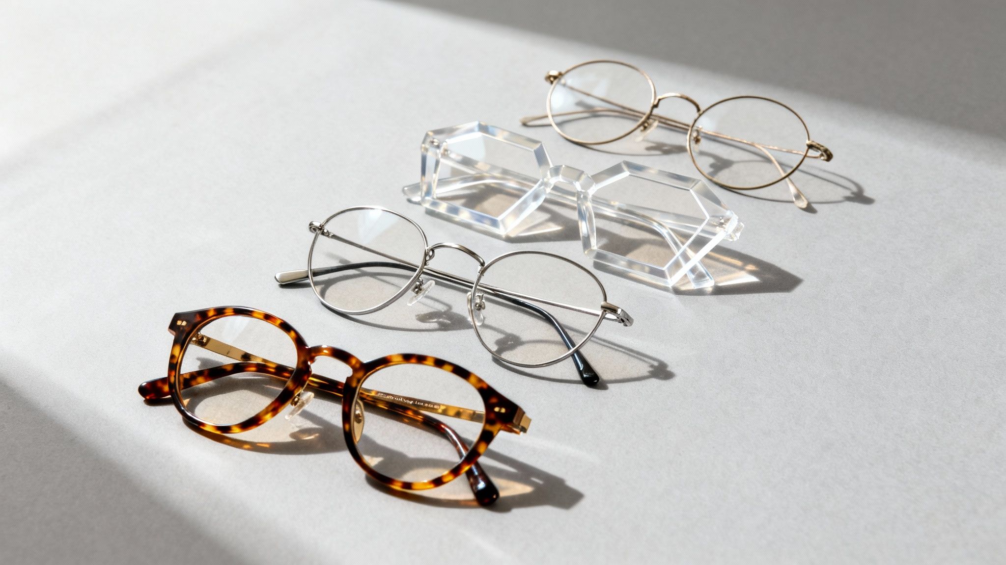 Four stylish pairs of eyeglasses, including tortoiseshell, clear, gold, and silver frames.