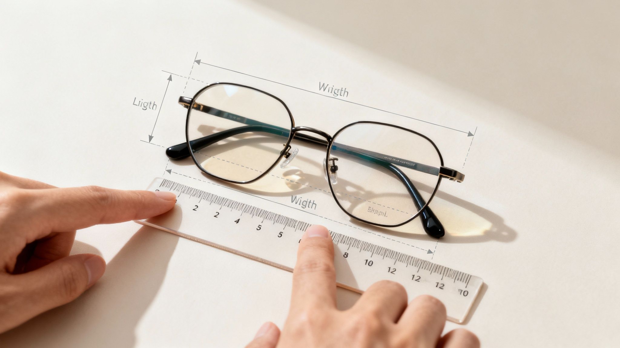 A person's hands holding a pair of eyeglass frames up to the light, inspecting them closely.