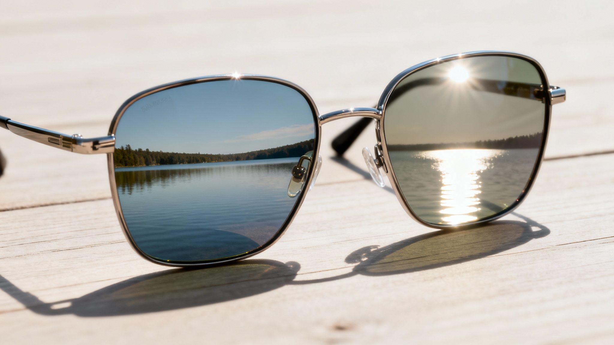 Polarized sunglasses on wood reflecting a serene lake in one lens and bright sun glare in the other.