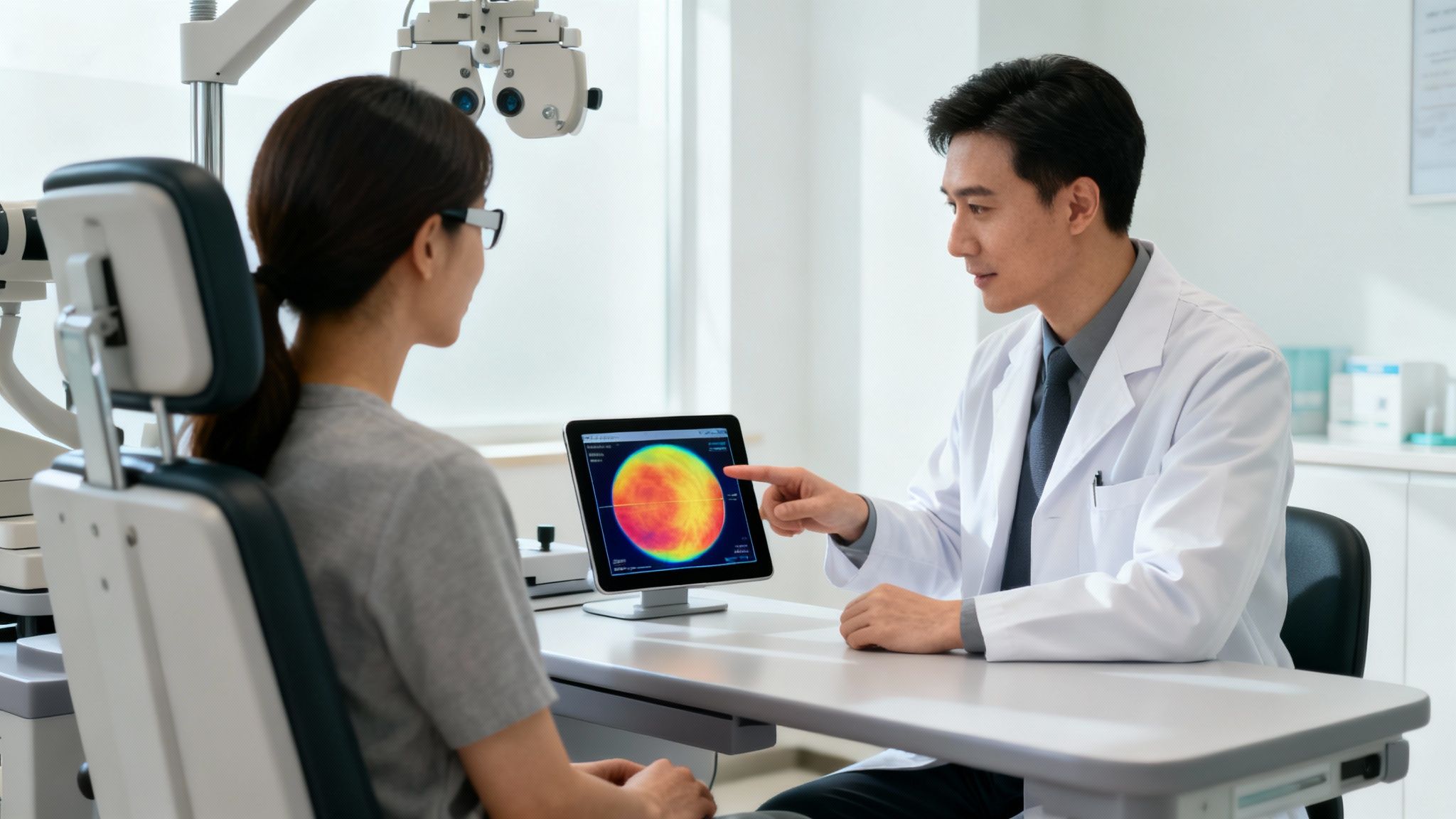 An optometrist using specialized equipment to measure a patient's eye for a contact lens fitting.