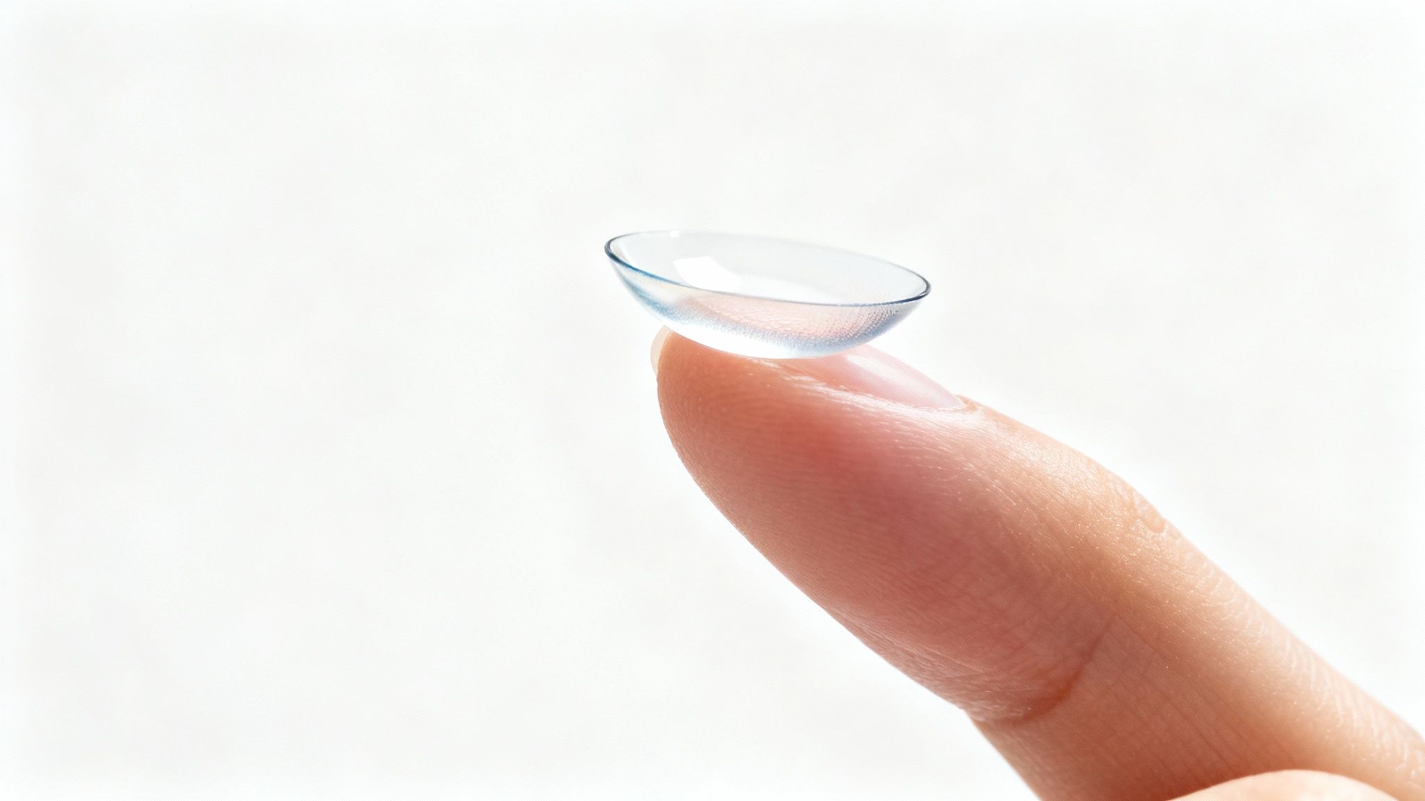 A person's index finger carefully holds a clear soft contact lens against a bright white background.
