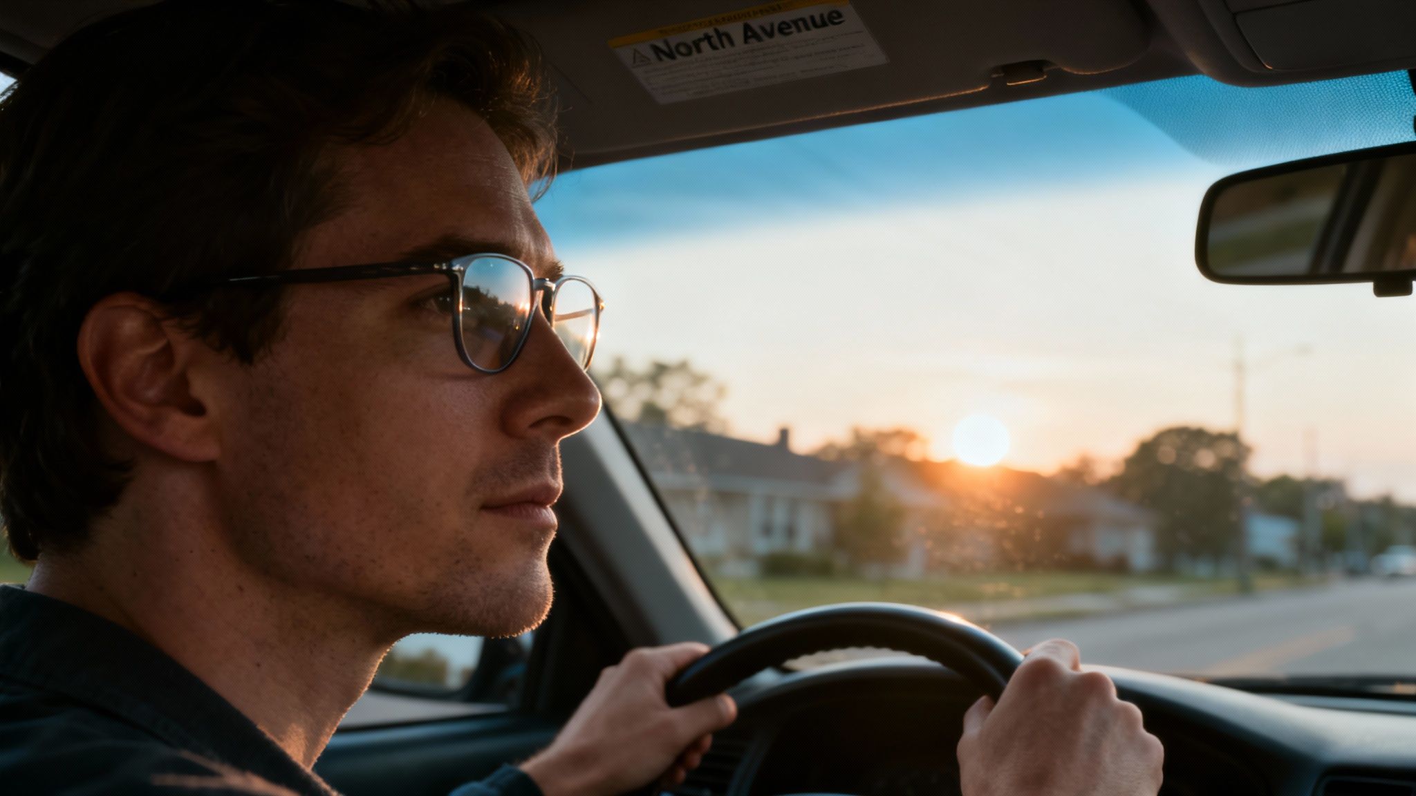 A person wearing stylish sunglasses that reduce glare, with a bright, sunny background.