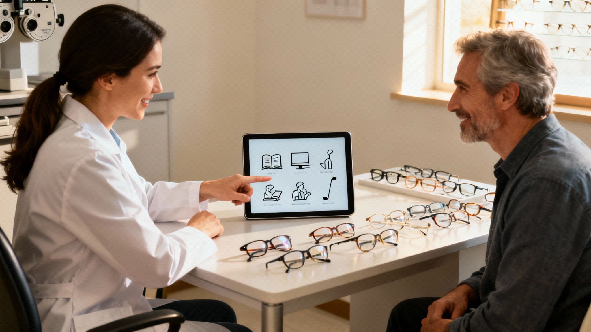 Optometrist shows a tablet with eyewear options to a smiling male patient in an optical shop.