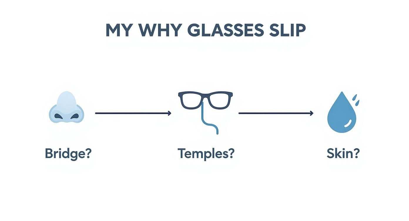 Diagram showing three common reasons why glasses slip: bridge fit, temple pressure, and skin oils