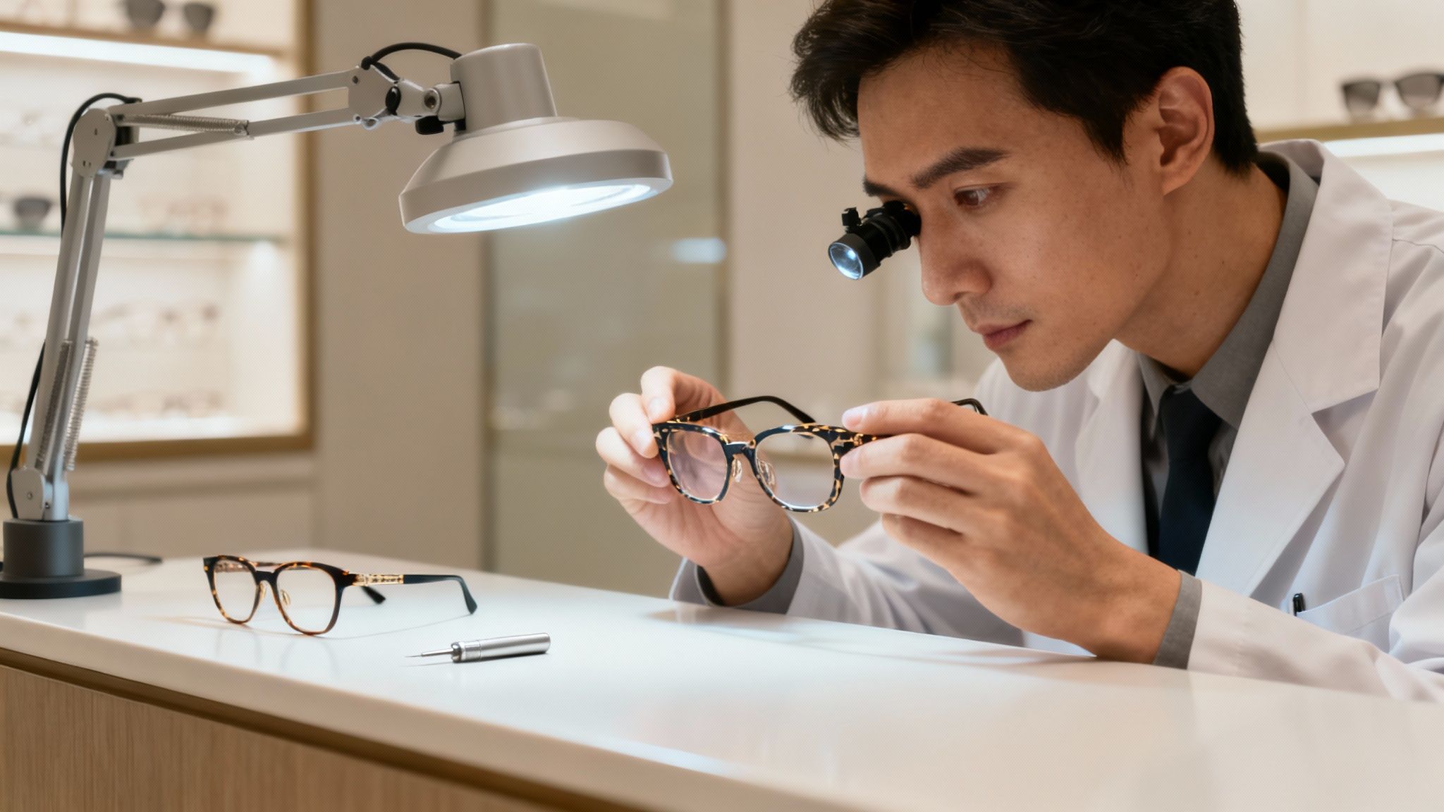 Optician examining a pair of designer eyeglasses to assess scratch damage.