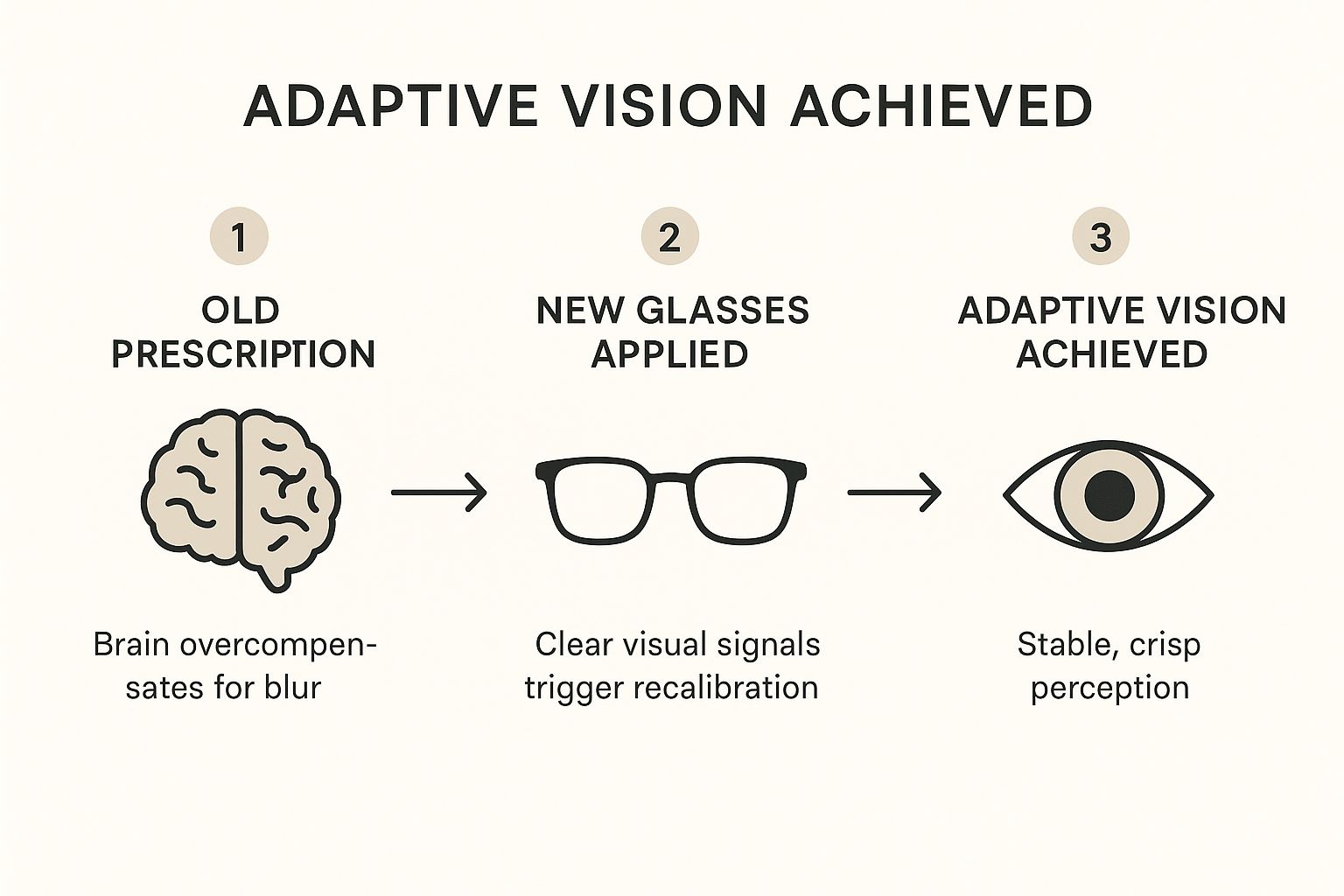 Infographic illustrating the three stages of visual adaptation, from an old prescription to achieving clear vision with new glasses.