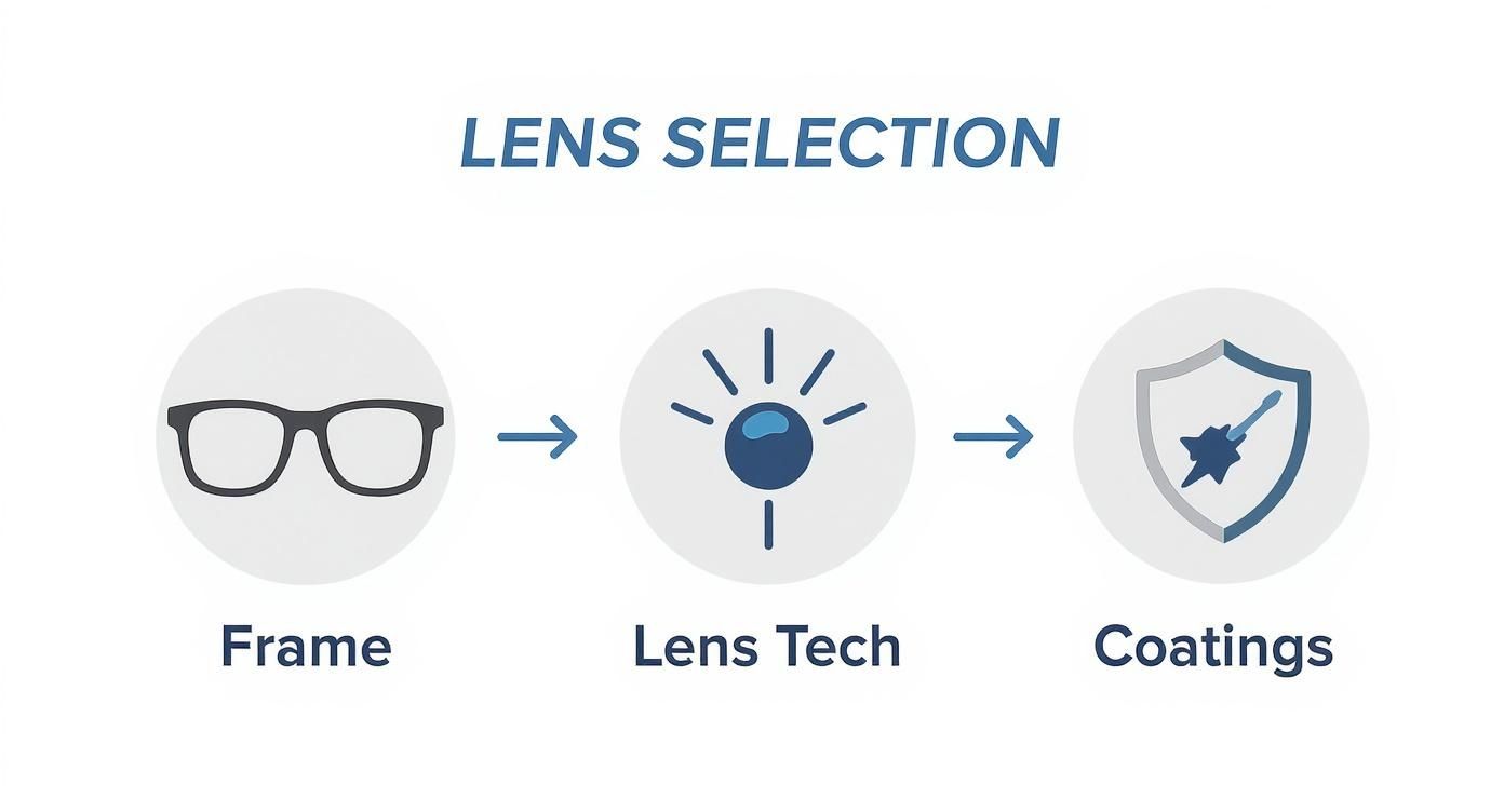 A diagram illustrates the lens selection process: Frame, followed by Lens Tech, then Coatings.
