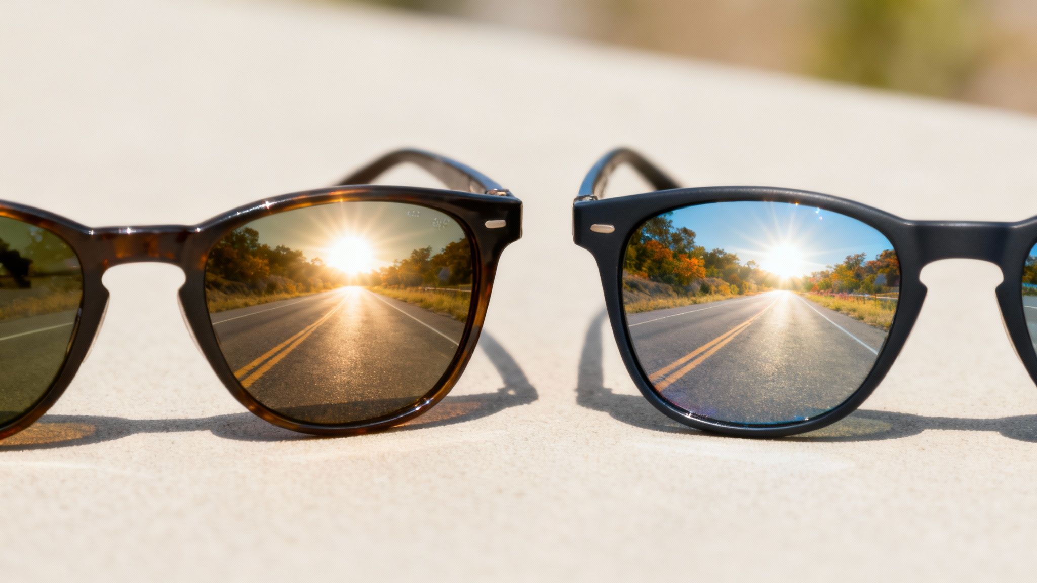 A pair of stylish sunglasses resting on a sandy beach, with one lens showing a clear, glare-free view of the ocean and the other showing a bright, glaring reflection to illustrate the difference between polarized and non-polarized.