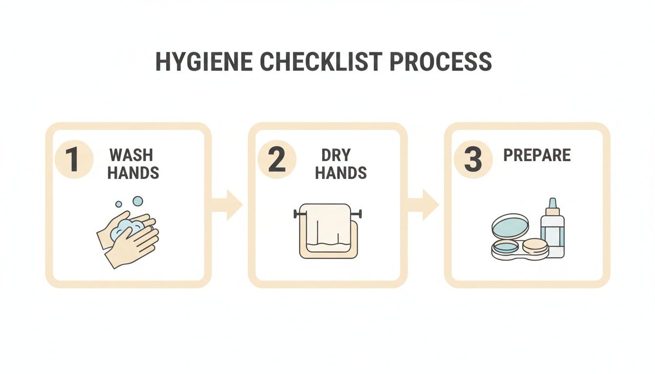 A hygiene checklist process showing three steps: wash hands, dry hands, and prepare for contact lenses.