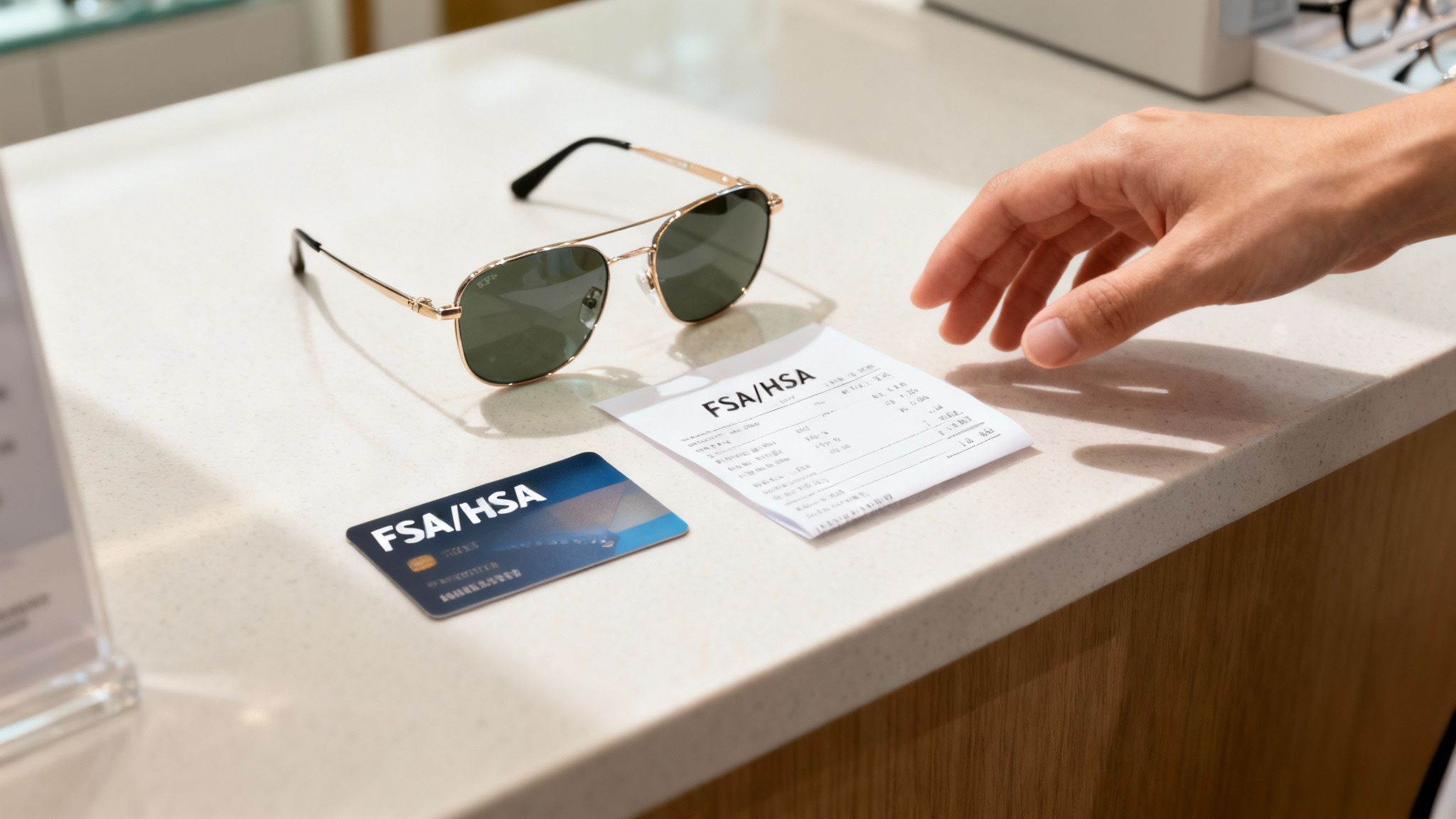 A hand reaching for sunglasses, an FSA/HSA receipt, and a card on a white counter.