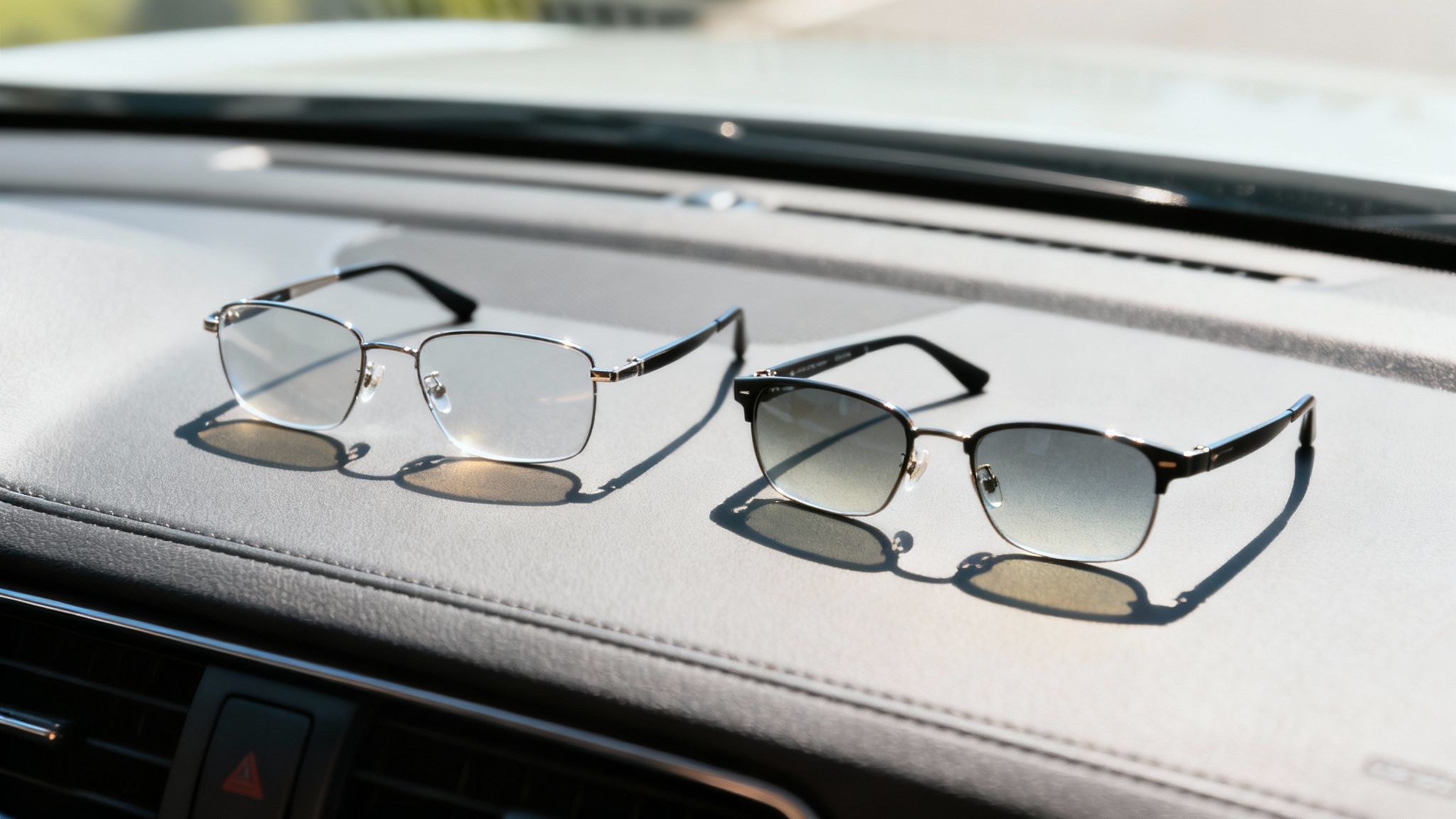 A pair of stylish glasses with photochromic lenses halfway through transitioning from clear to dark.