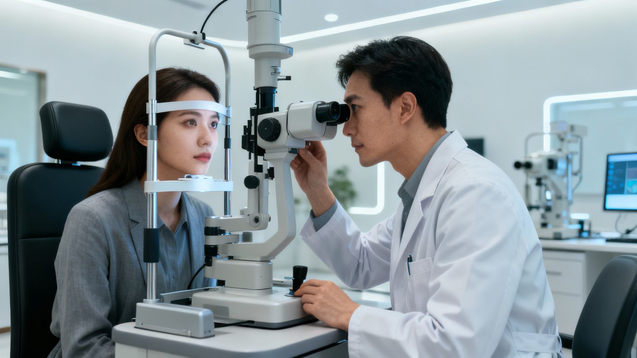 An optometrist uses a phoropter to conduct an eye exam on a patient.