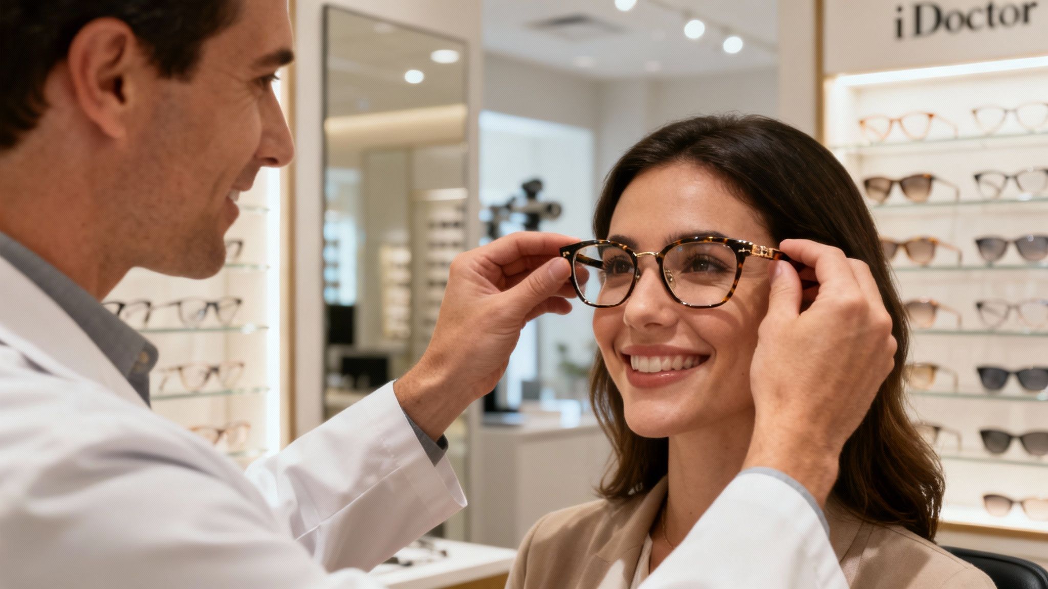 Customer trying on designer eyeglasses in a stylish boutique setting