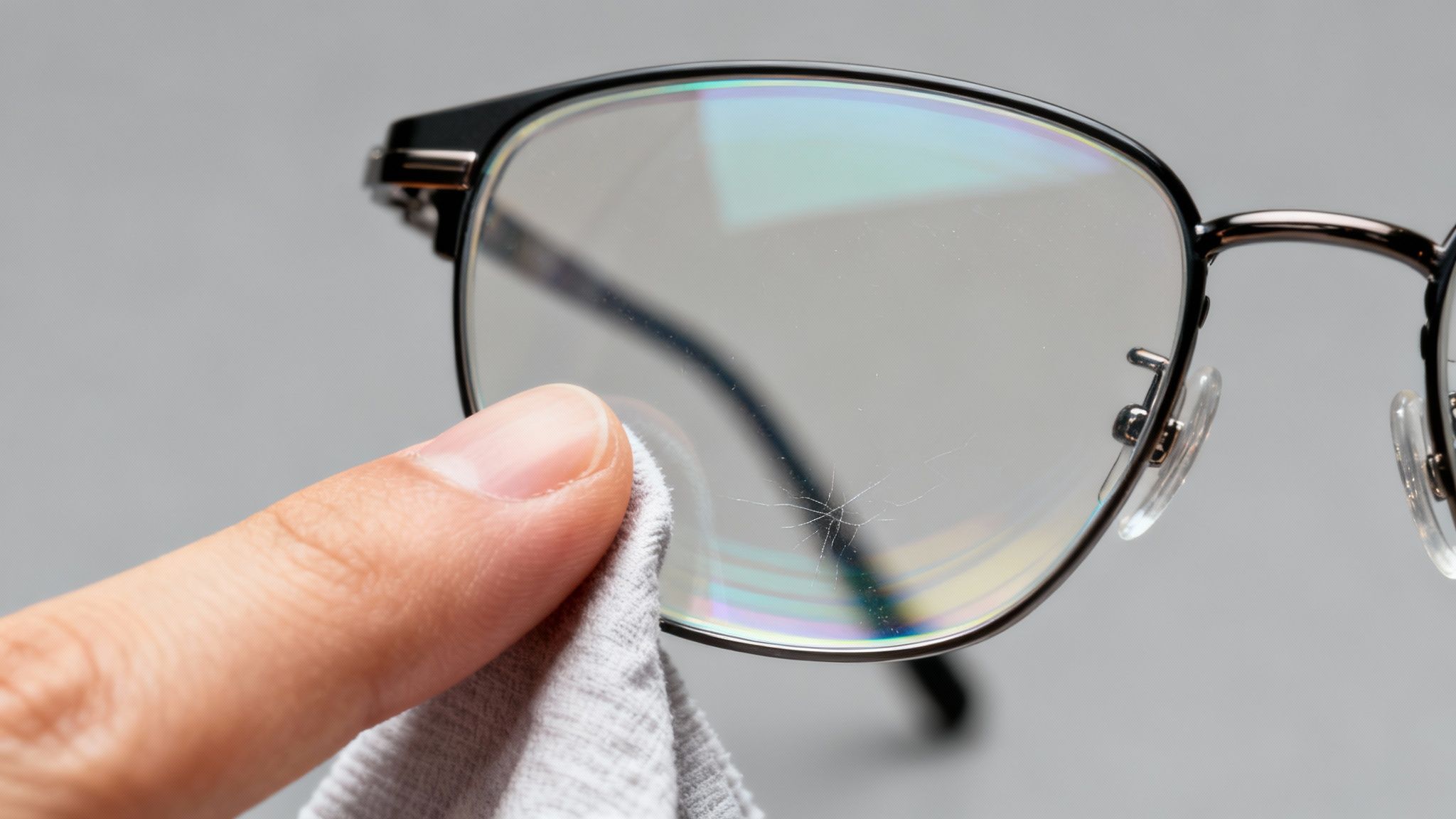 Person cleaning scratched eyeglasses lens with microfiber cloth attempting to remove surface scratches