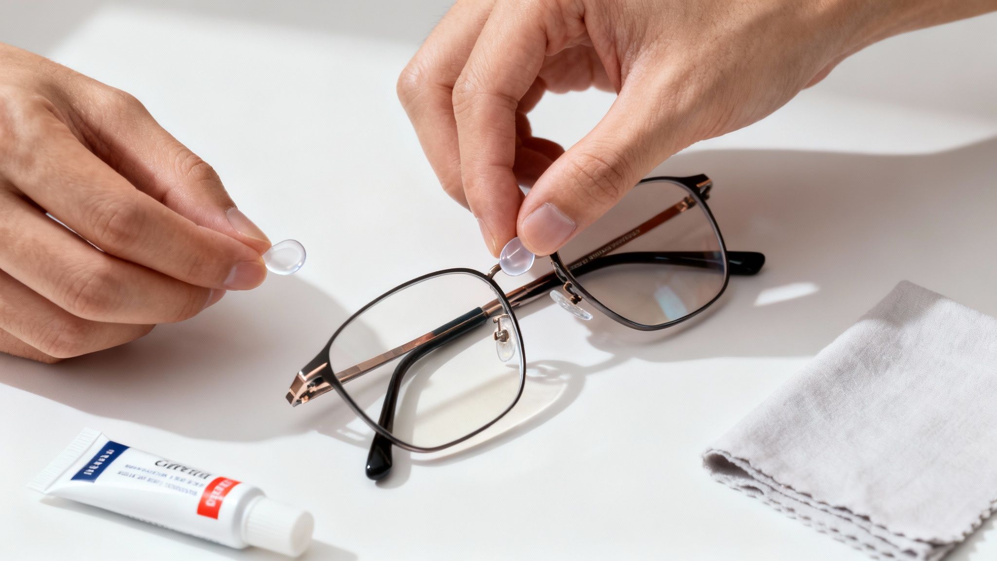 Close-up of hands applying new clear nose pads to black-framed glasses on a white table.