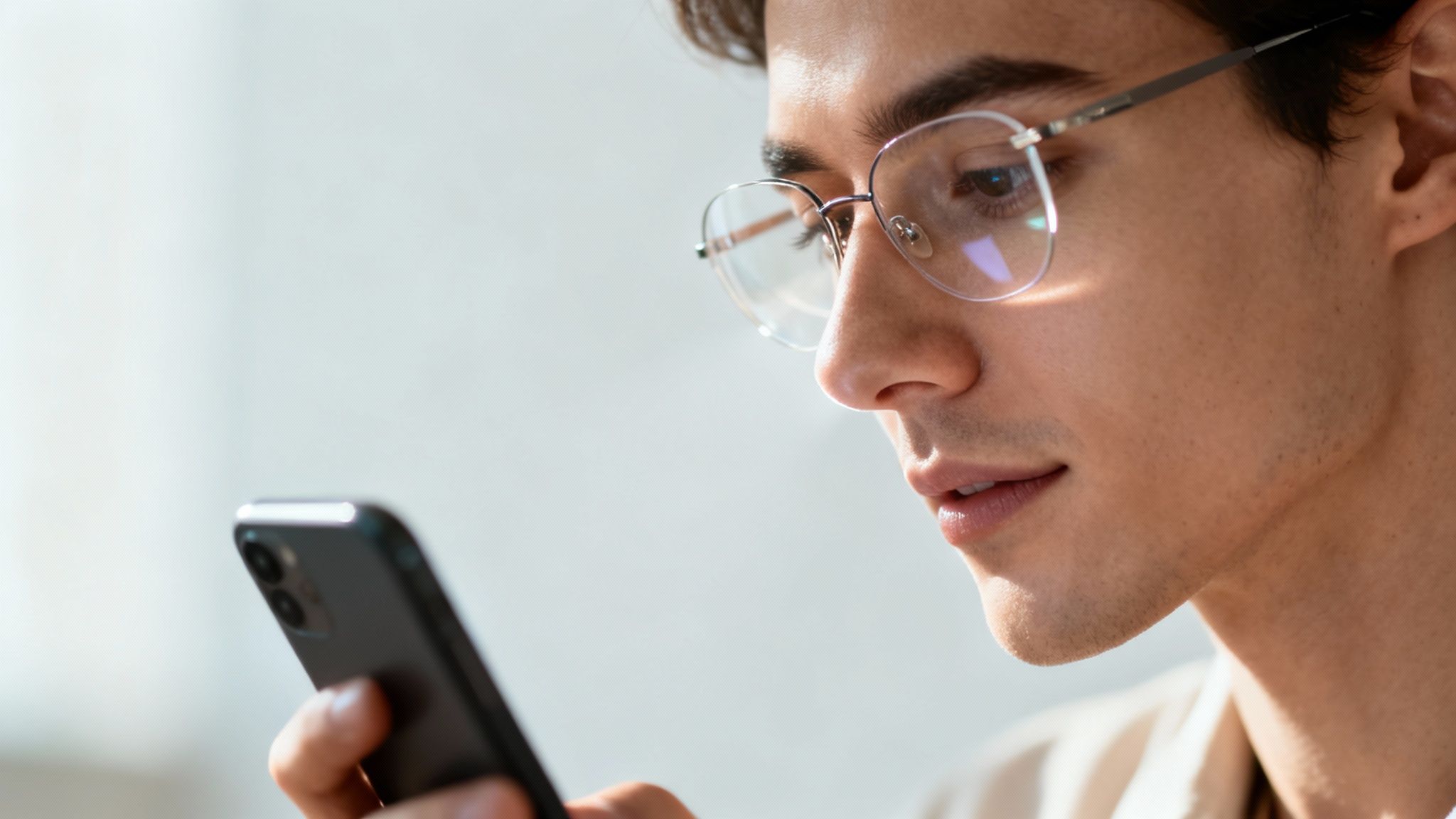 A person holding a pair of modern eyeglasses with a blue light filter coating.