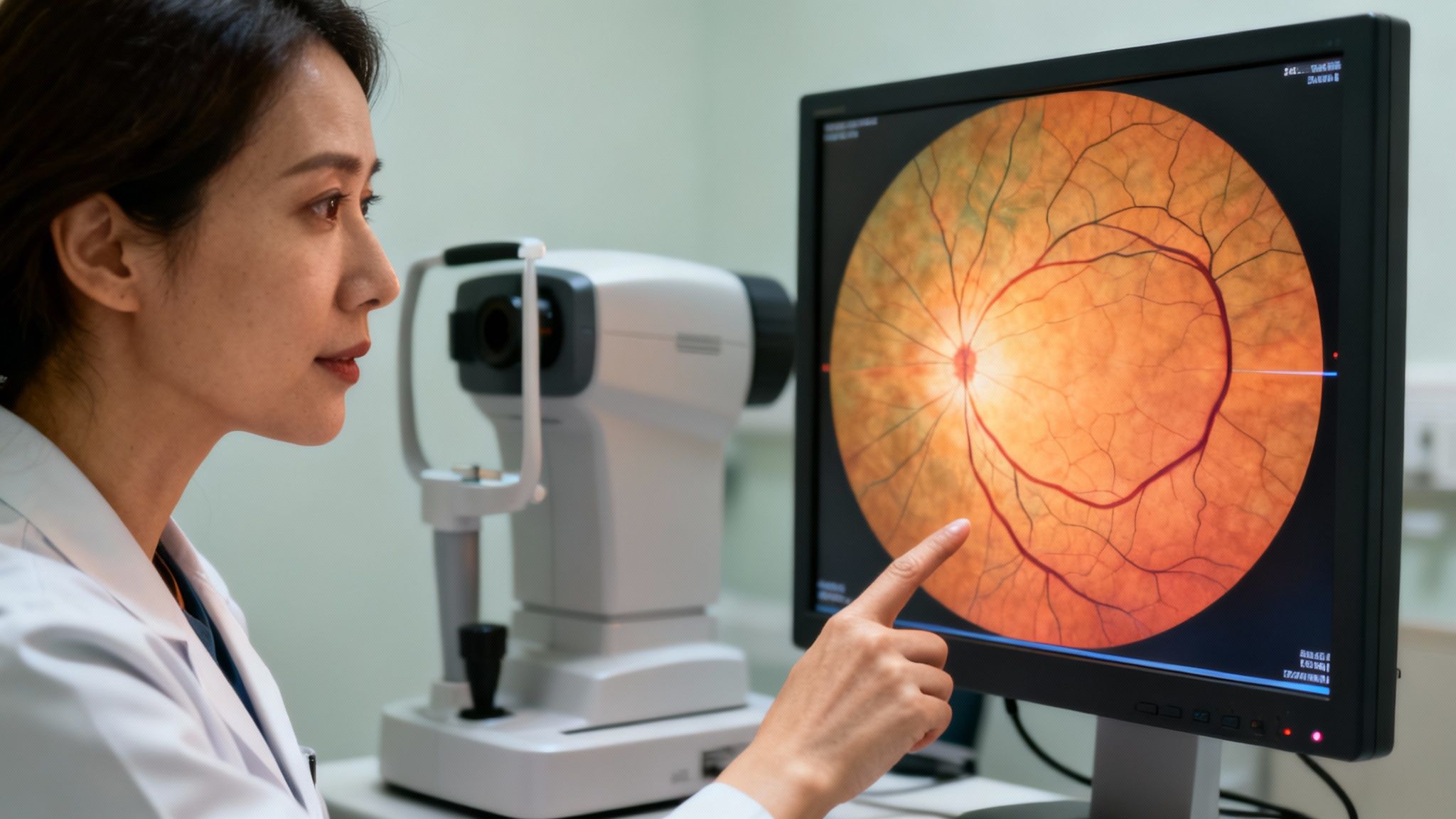 An optometrist using advanced diagnostic equipment to examine a patient's eye