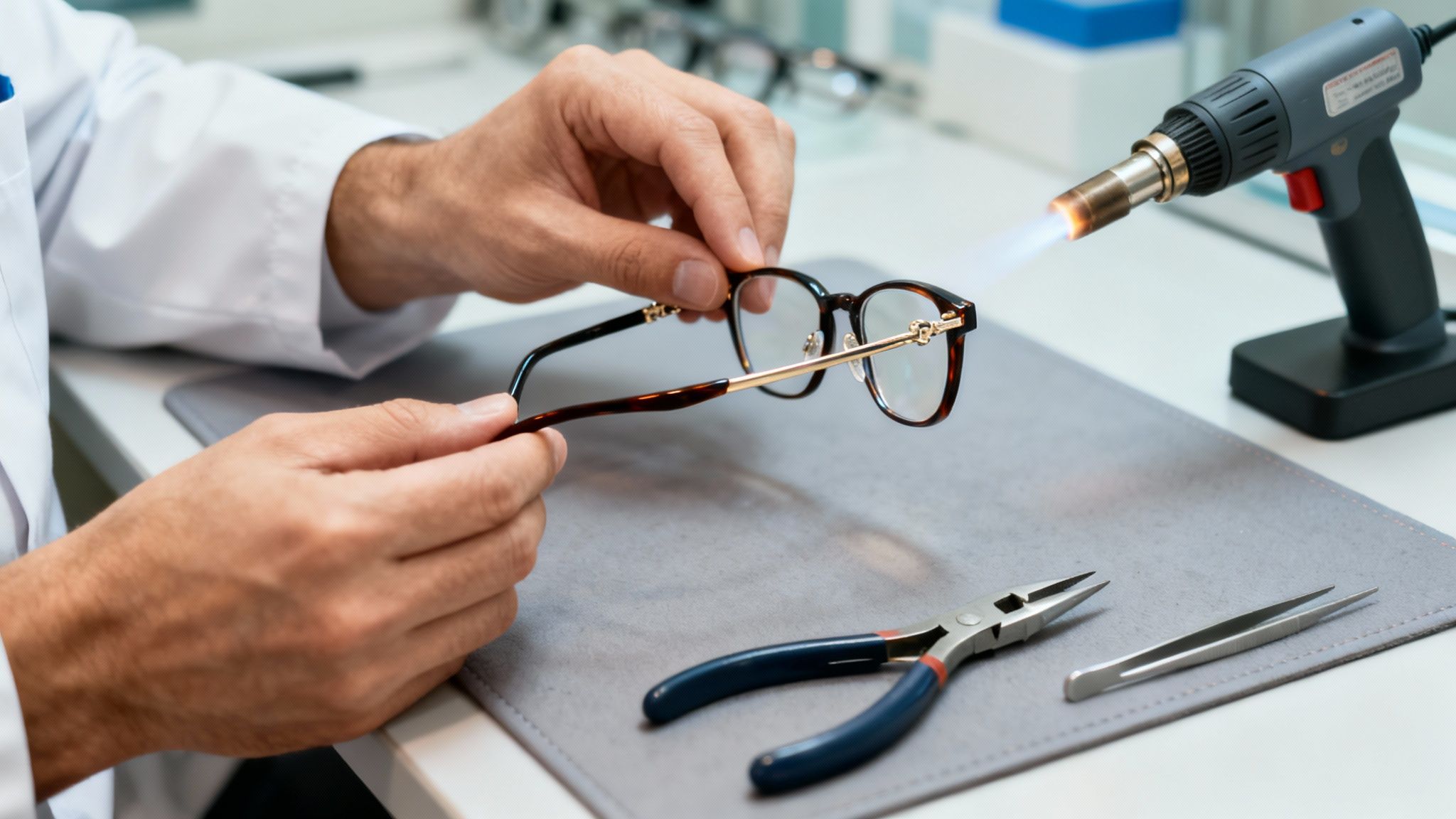 Optician's hands skillfully adjusting eyeglasses with a heat torch and tools on a gray mat.