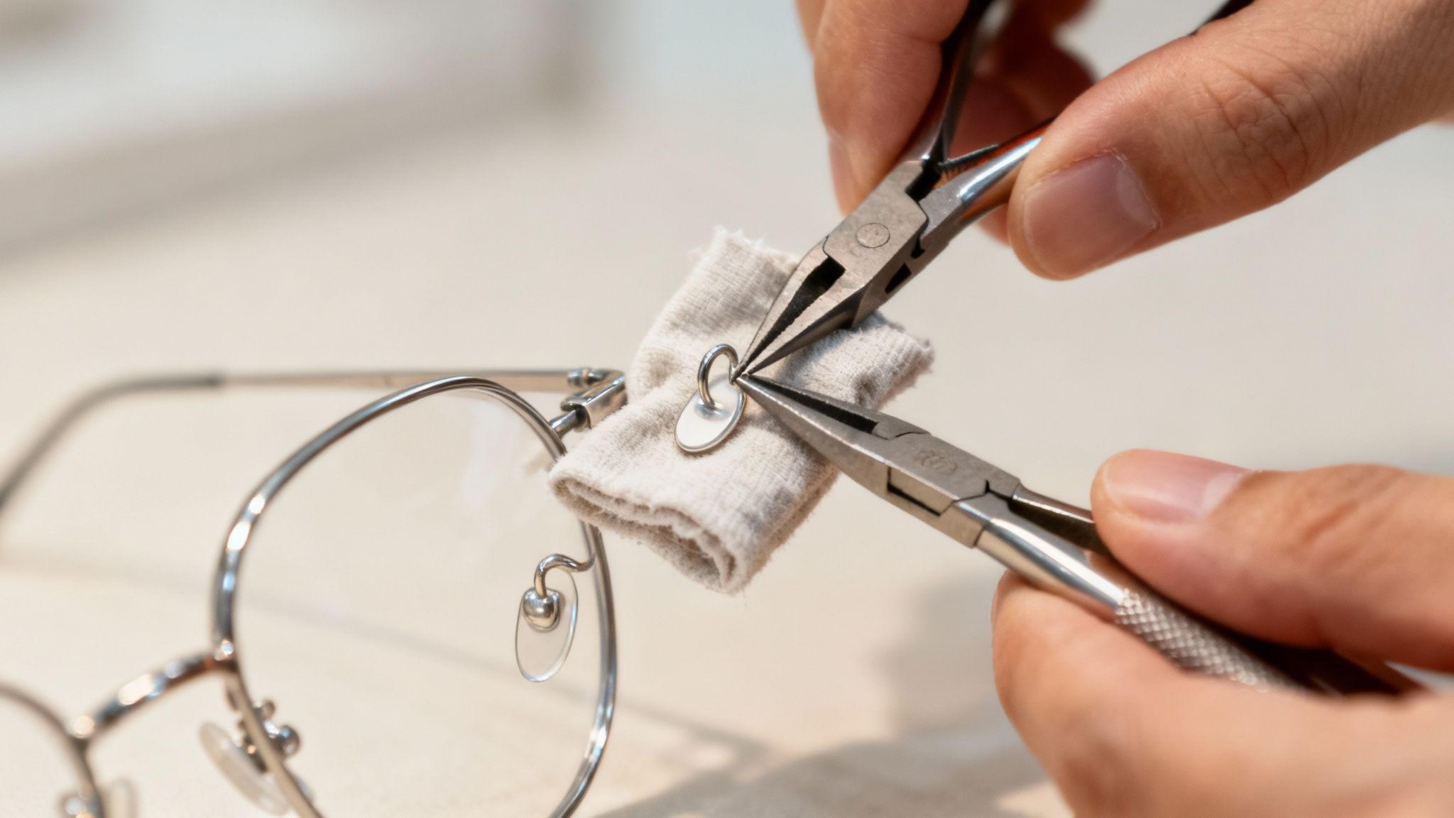 A close-up of a person carefully adjusting the metal nose pads on their eyeglasses with their fingers.