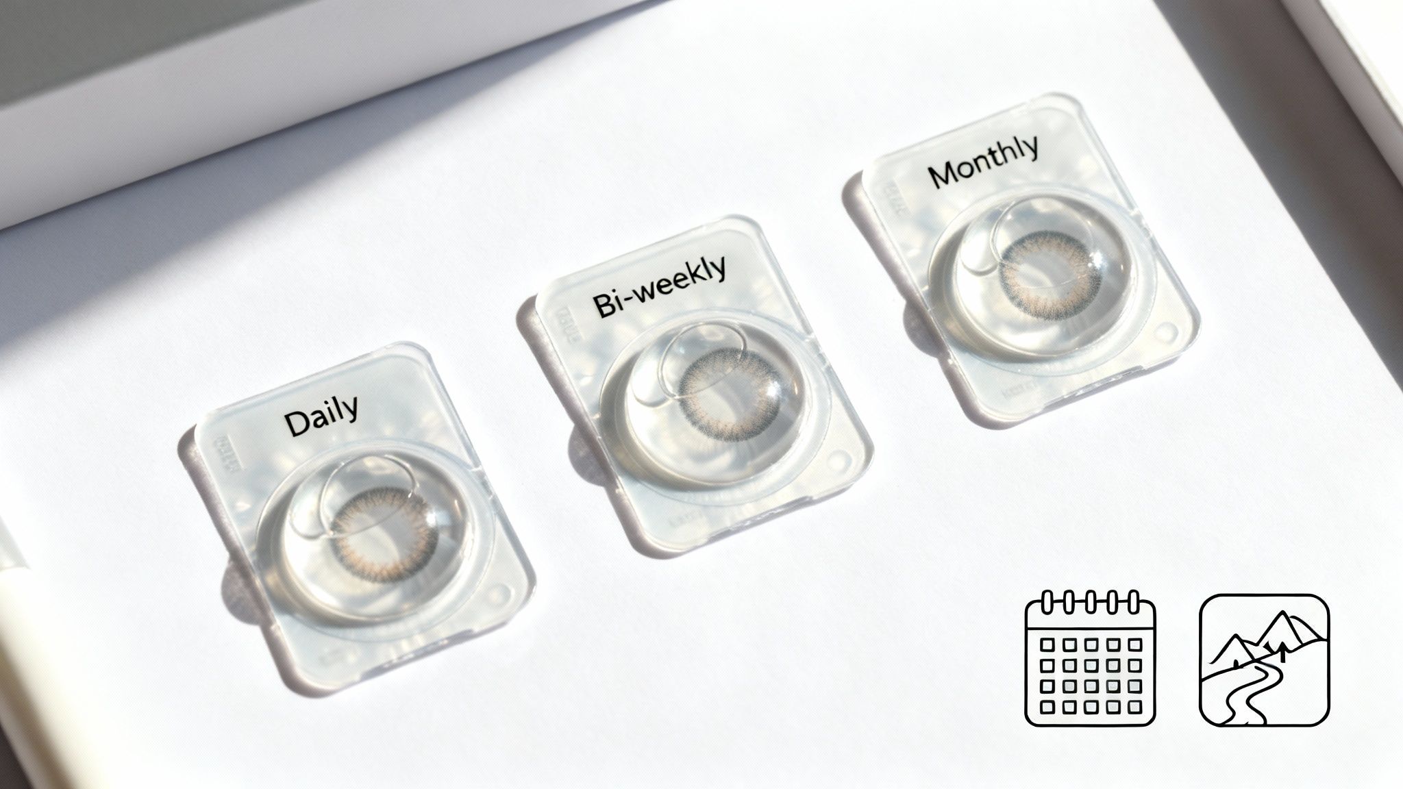 Patient choosing from a selection of contact lens boxes with an optometrist.