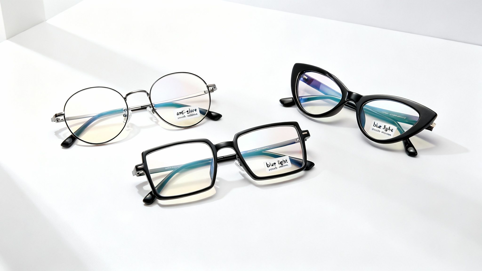 Three pairs of stylish anti-glare and blue light blocking eyeglasses on a white surface.