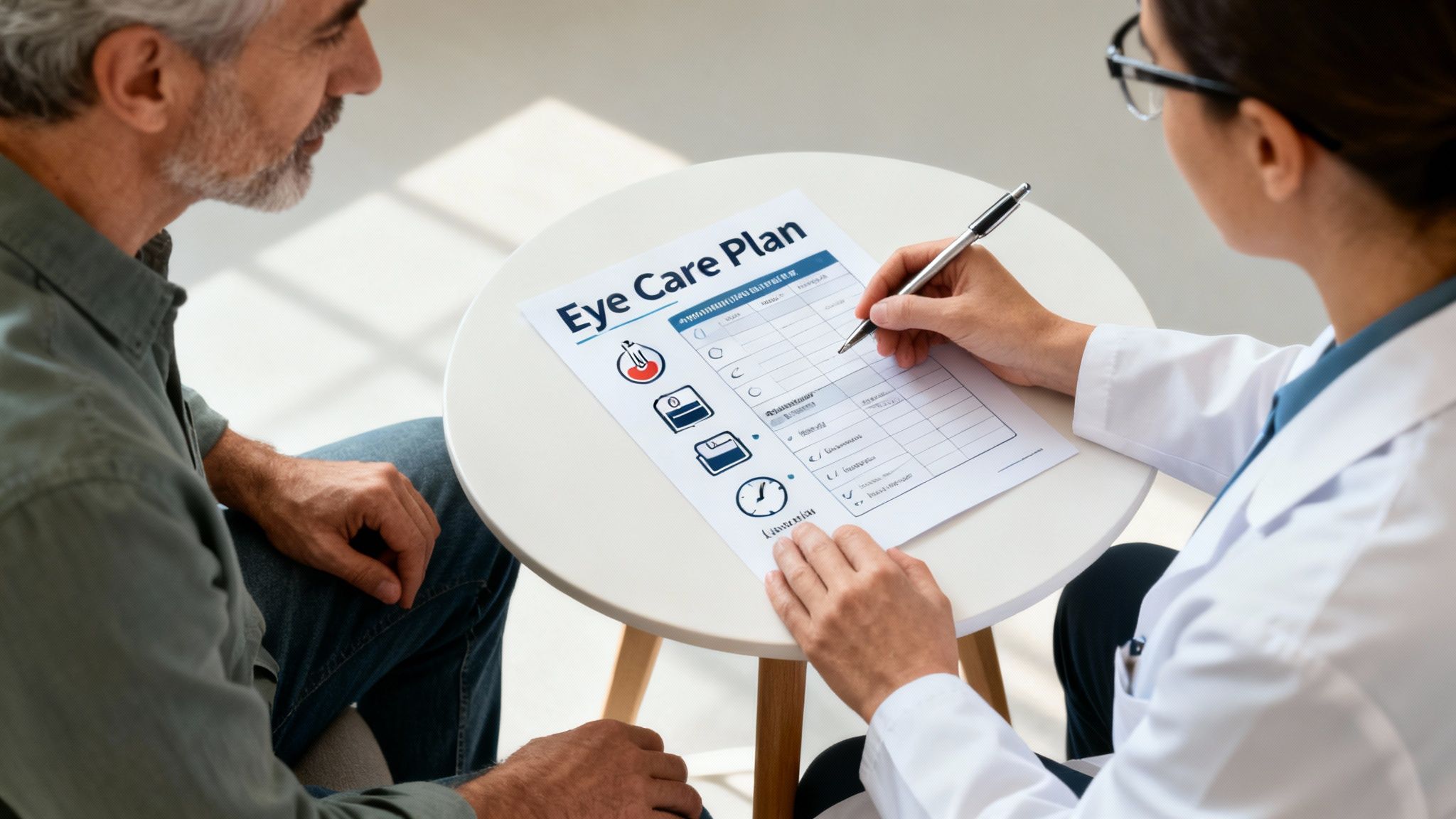 A female doctor writes on an 'Eye Care Plan' document while consulting with a male patient.