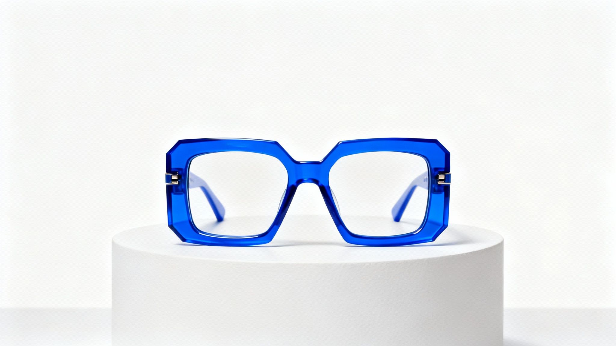 A pair of vibrant blue eyeglasses with clear lenses on a white pedestal.