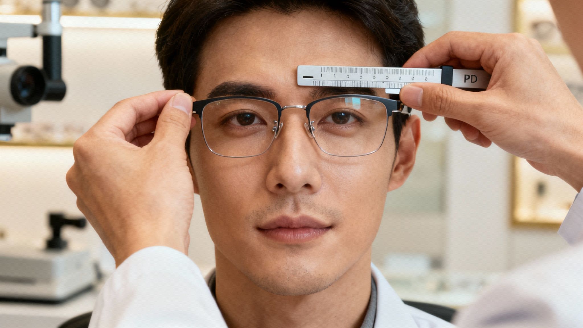 Optometrist fitting a patient with eyeglasses
