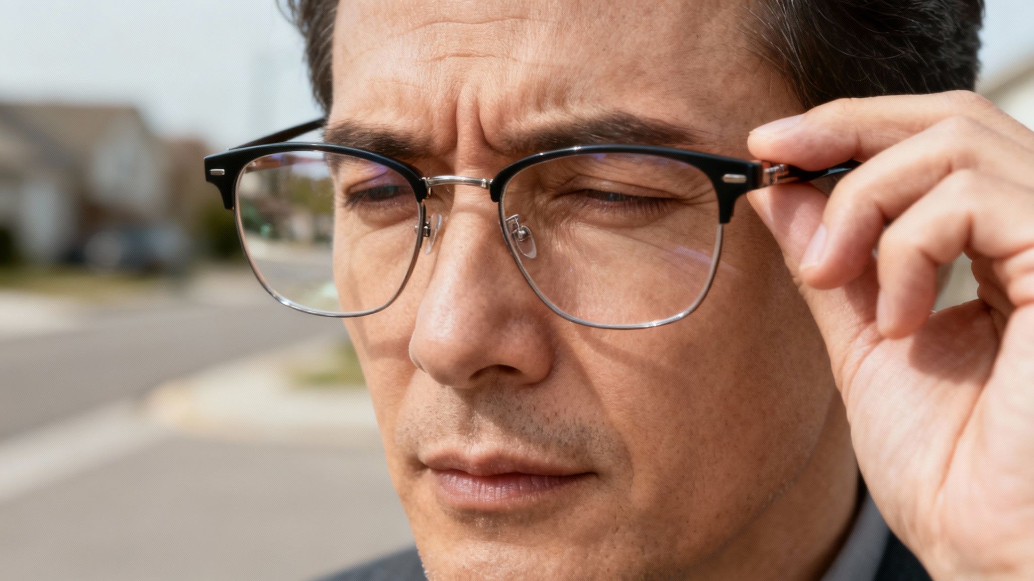 Woman adjusting her new stylish glasses and experiencing slight initial discomfort.