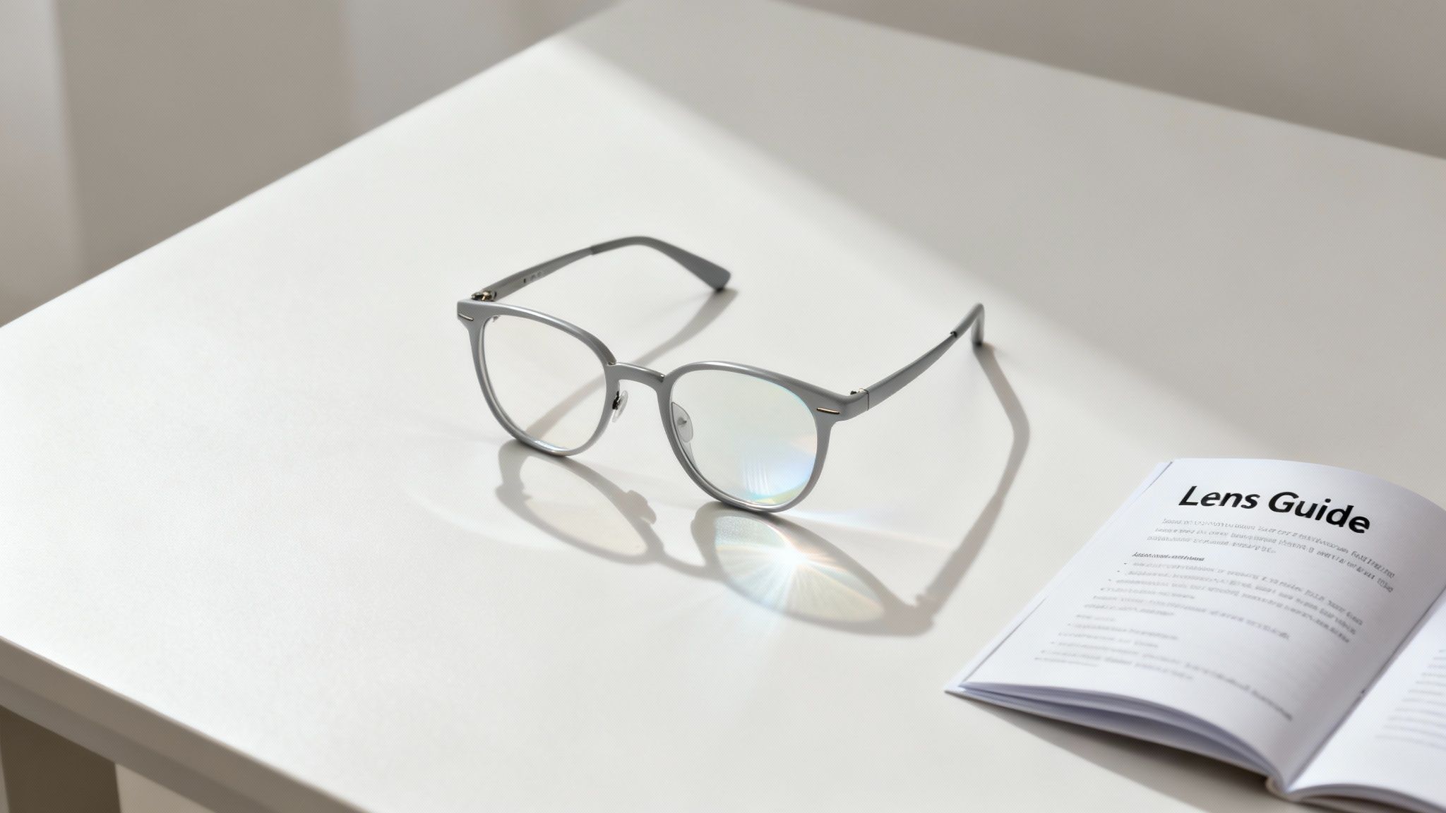 A woman with stylish glasses smiling and looking at a selection of eyewear.