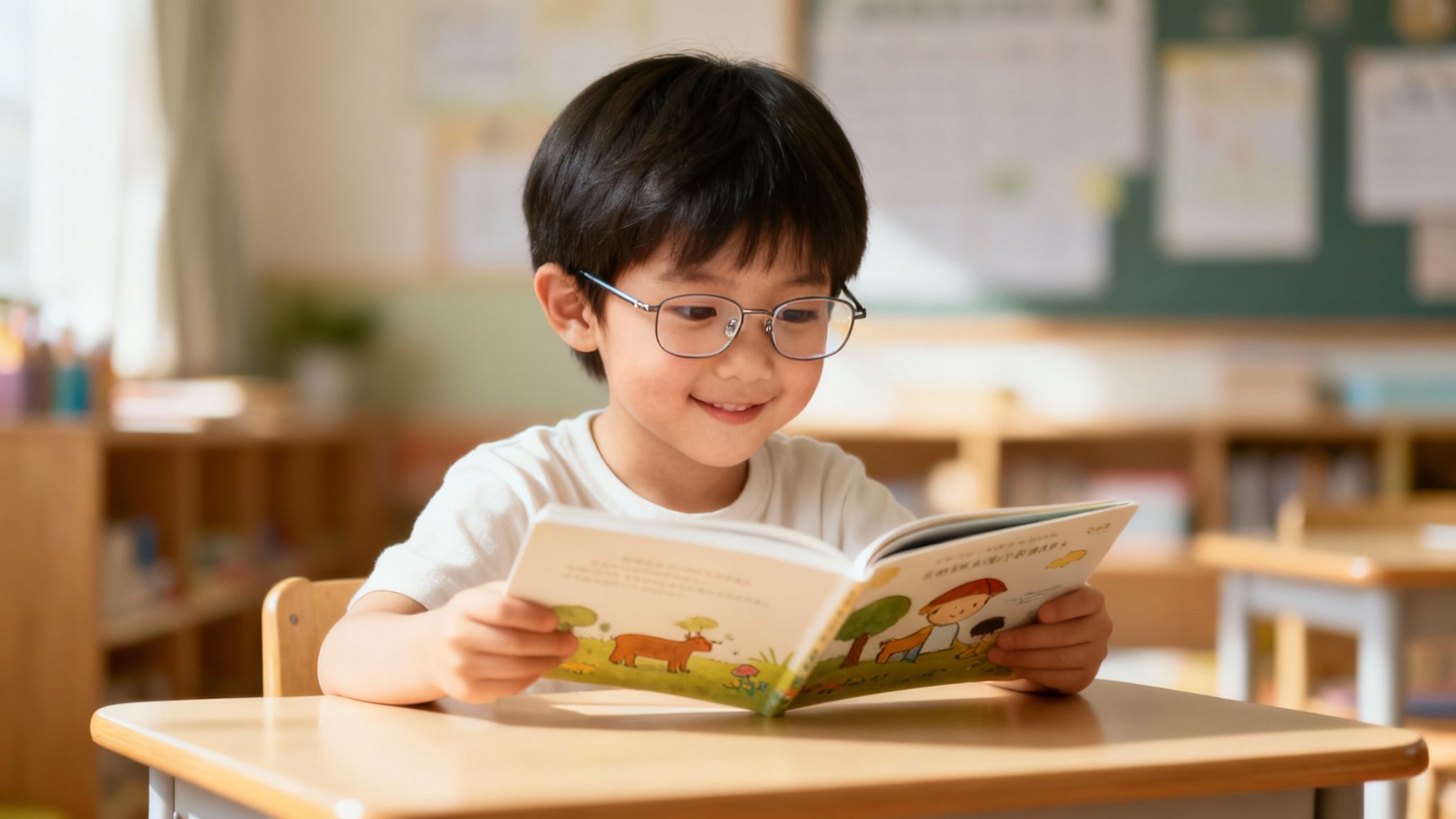Smiling young Asian boy with glasses reading a colorful children's book in a classroom.