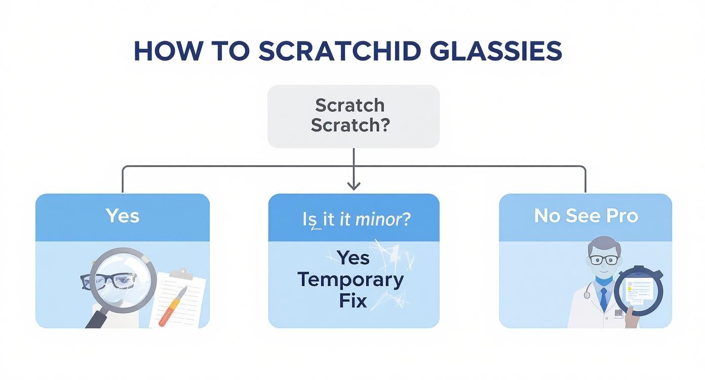 Flowchart illustrating how to identify and address scratches on glasses, from temporary fixes to professional help.