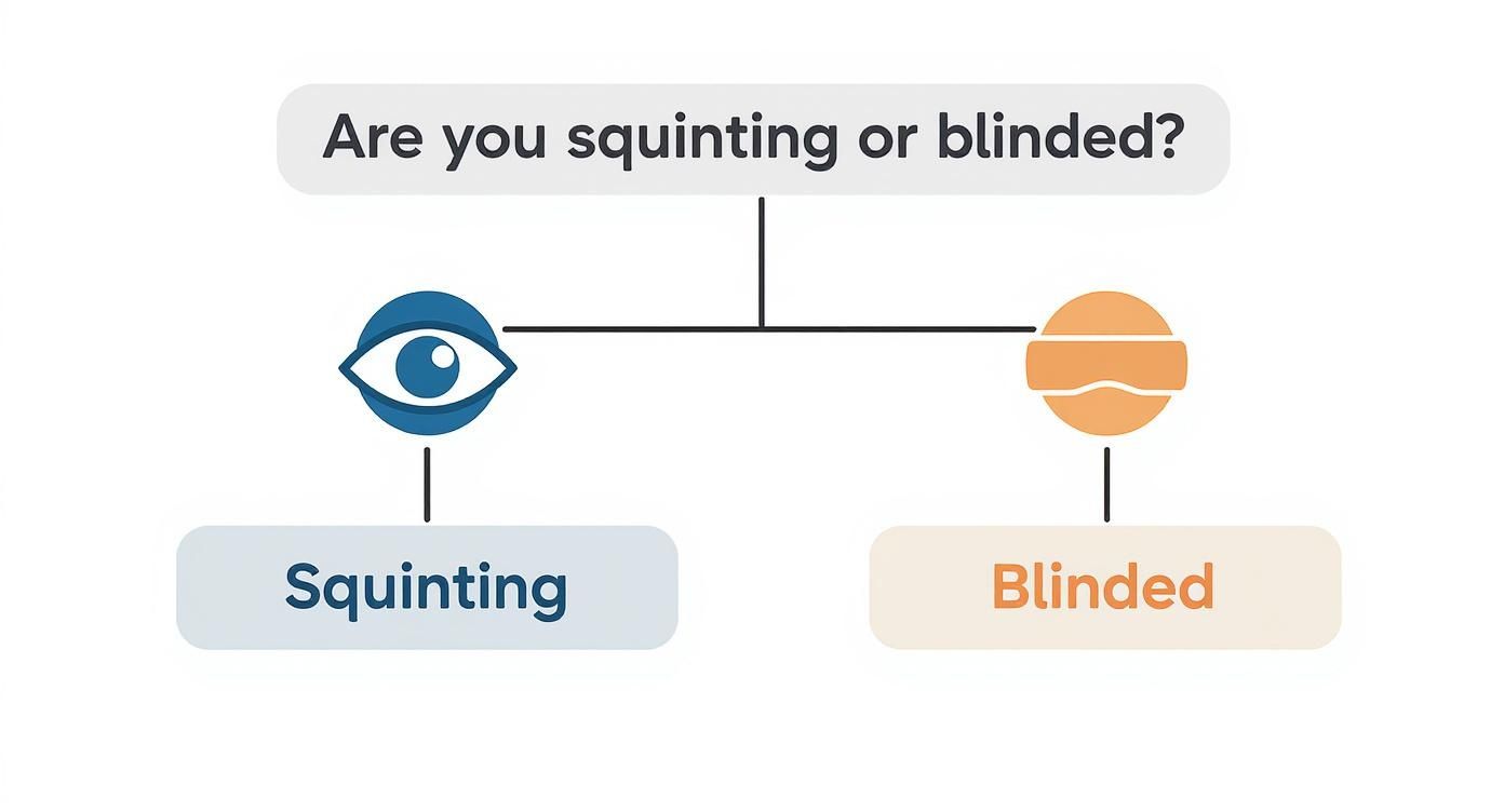 Infographic decision tree asking 'Are you squinting or blinded?' to differentiate between discomfort and disability glare.