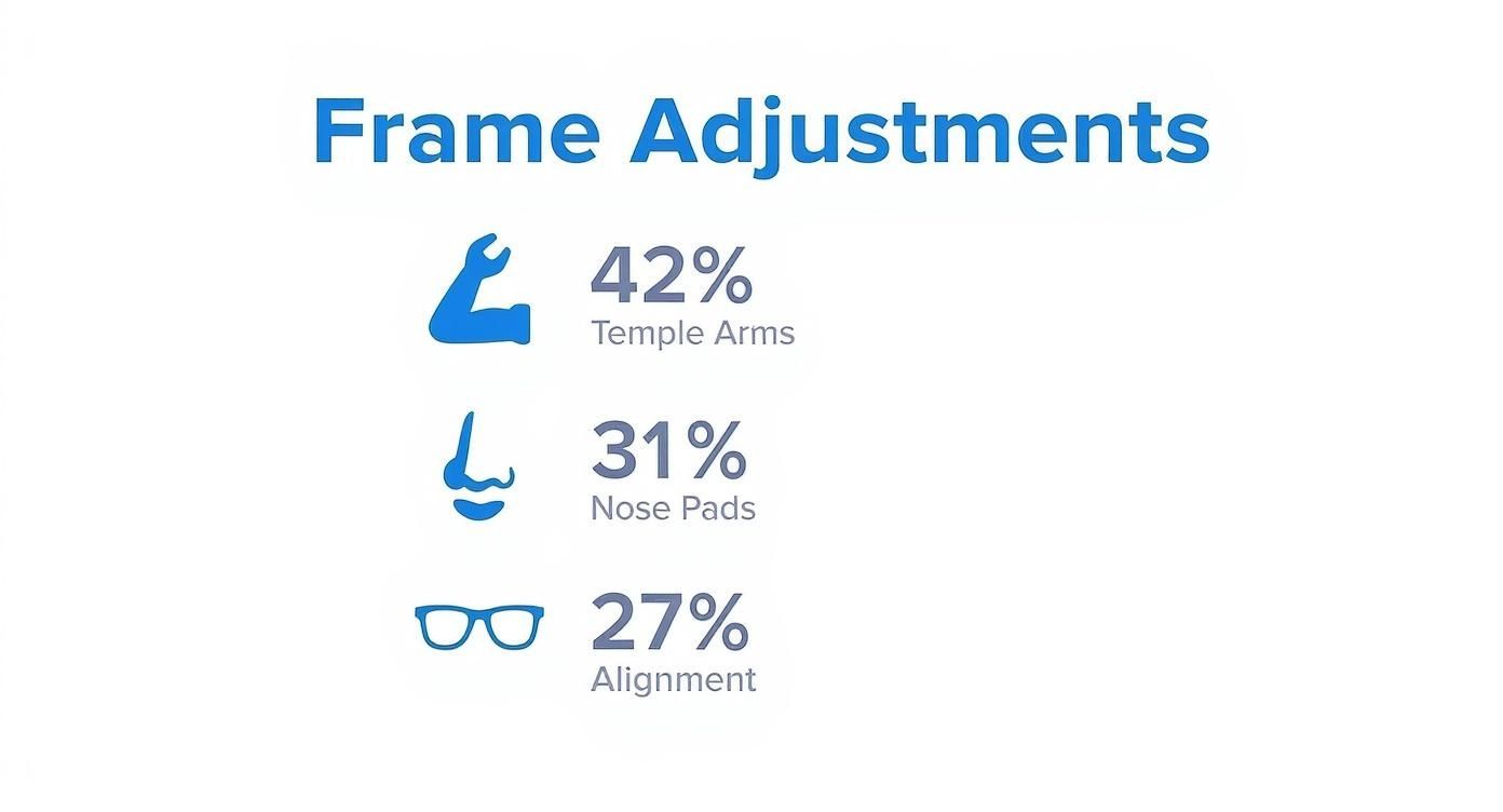 Infographic showing the most common types of eyeglass frame adjustments needed, with 42% for Temple Arms, 31% for Nose Pads, and 27% for Alignment.