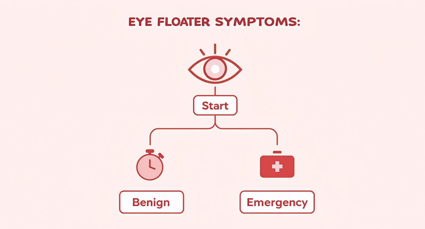 Flowchart illustrating eye floater symptoms, distinguishing between benign and emergency situations.